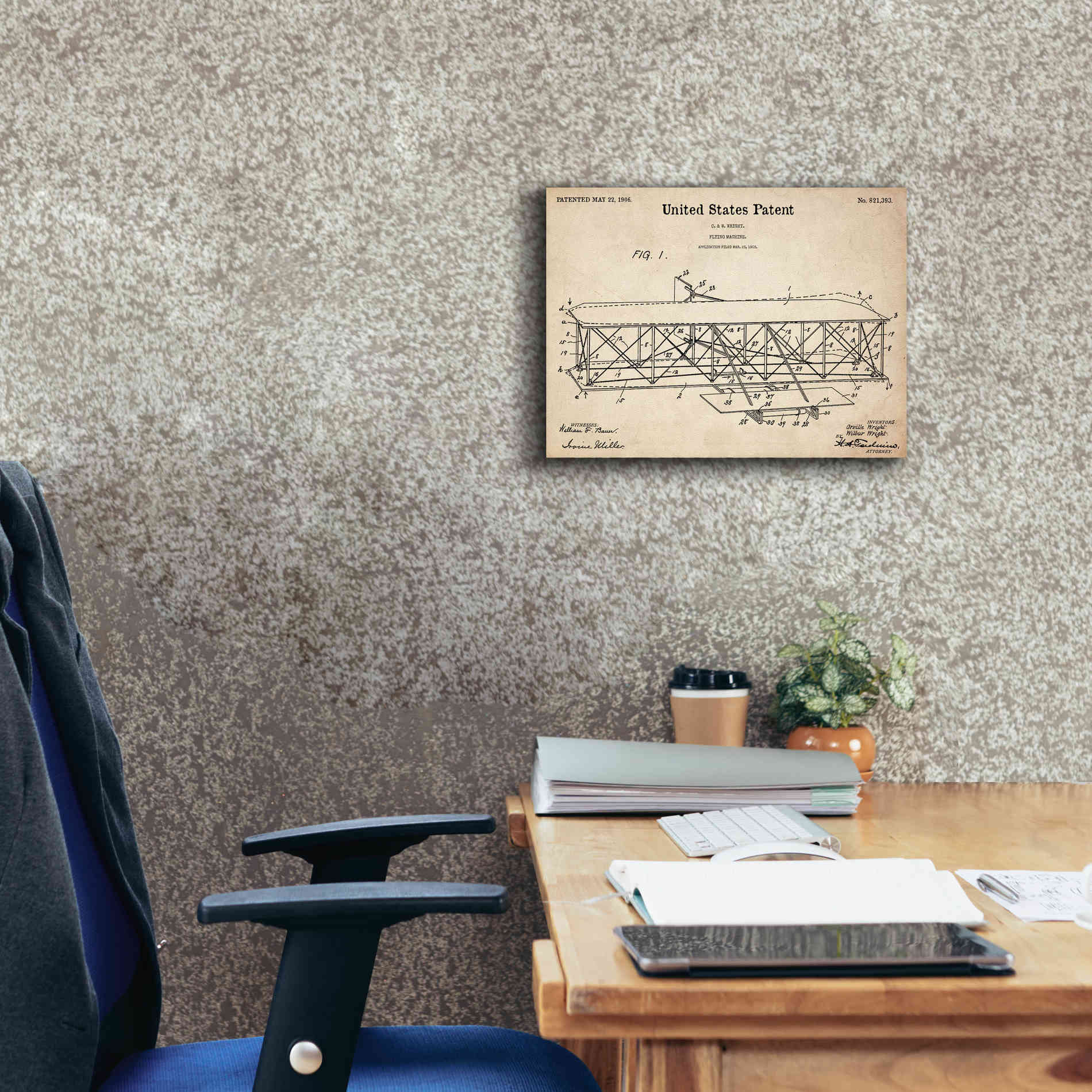 'Wright Bros. Flying Machine Blueprint Patent Parchment,' Canvas Wall Art,16 x 12