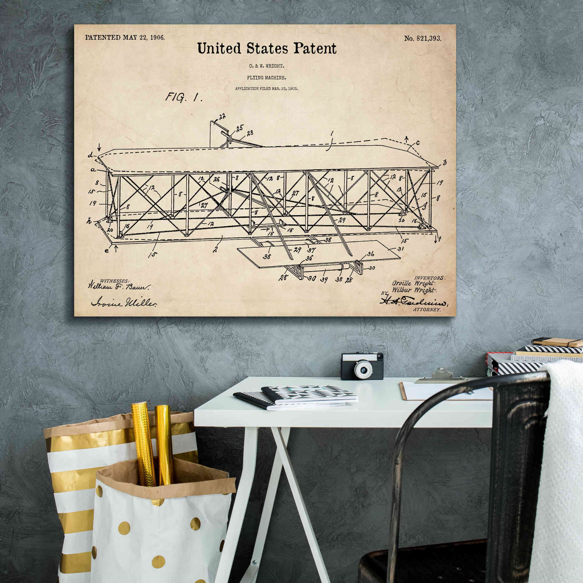 'Wright Bros. Flying Machine Blueprint Patent Parchment,' Canvas Wall Art,34 x 26