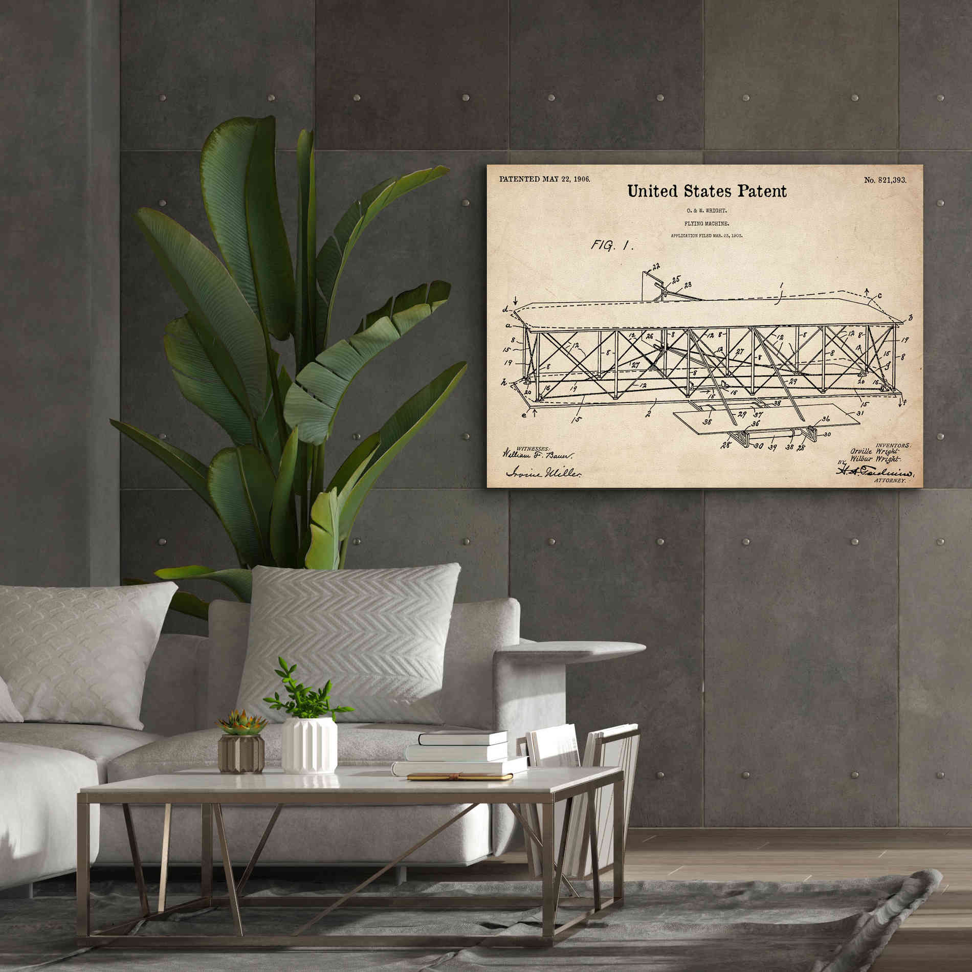 'Wright Bros. Flying Machine Blueprint Patent Parchment,' Canvas Wall Art,54 x 40