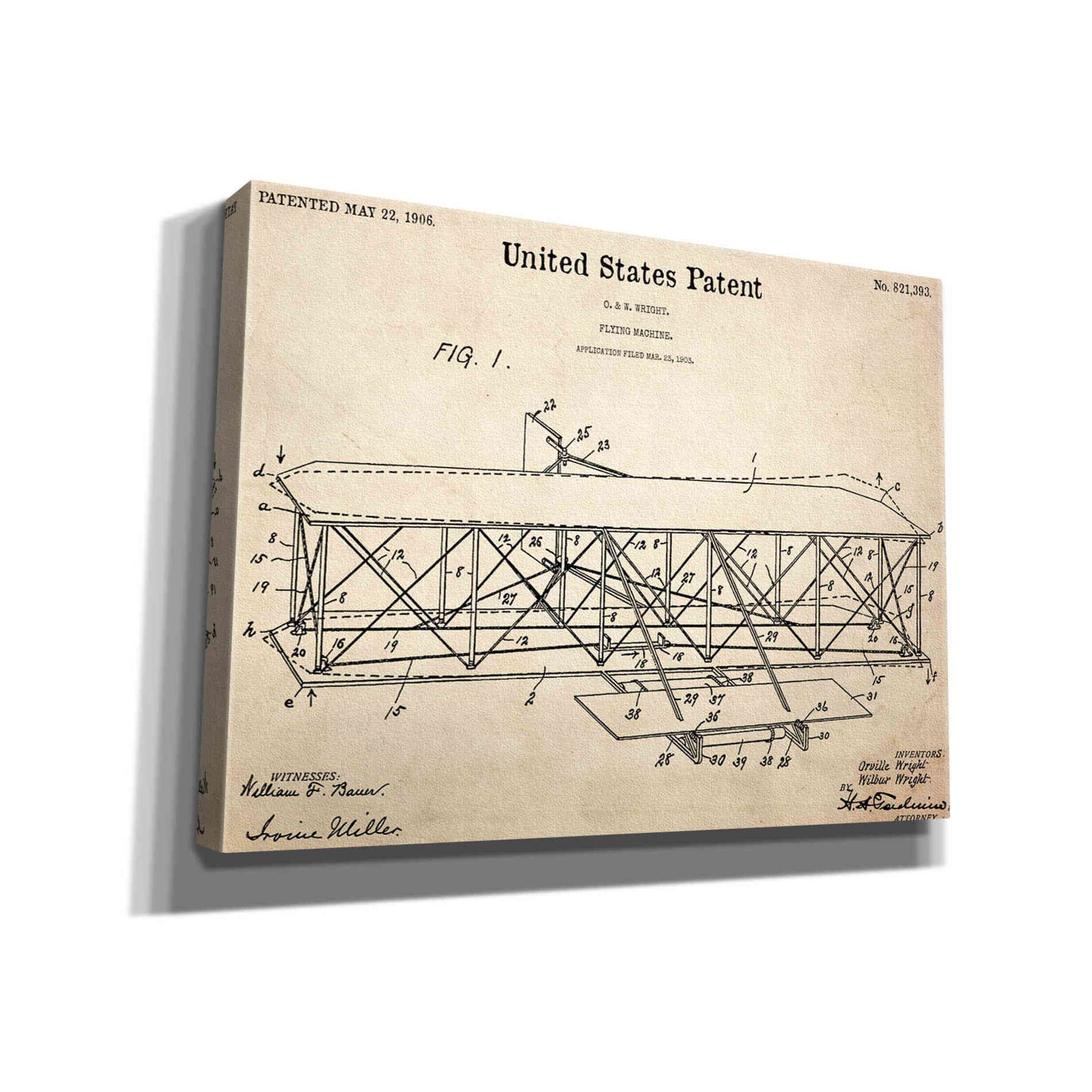 'Wright Bros. Flying Machine Blueprint Patent Parchment,' Canvas Wall Art,12x16x1.1x0,18x26x1.1x0,26x34x1.74x0,40x54x1.74x0