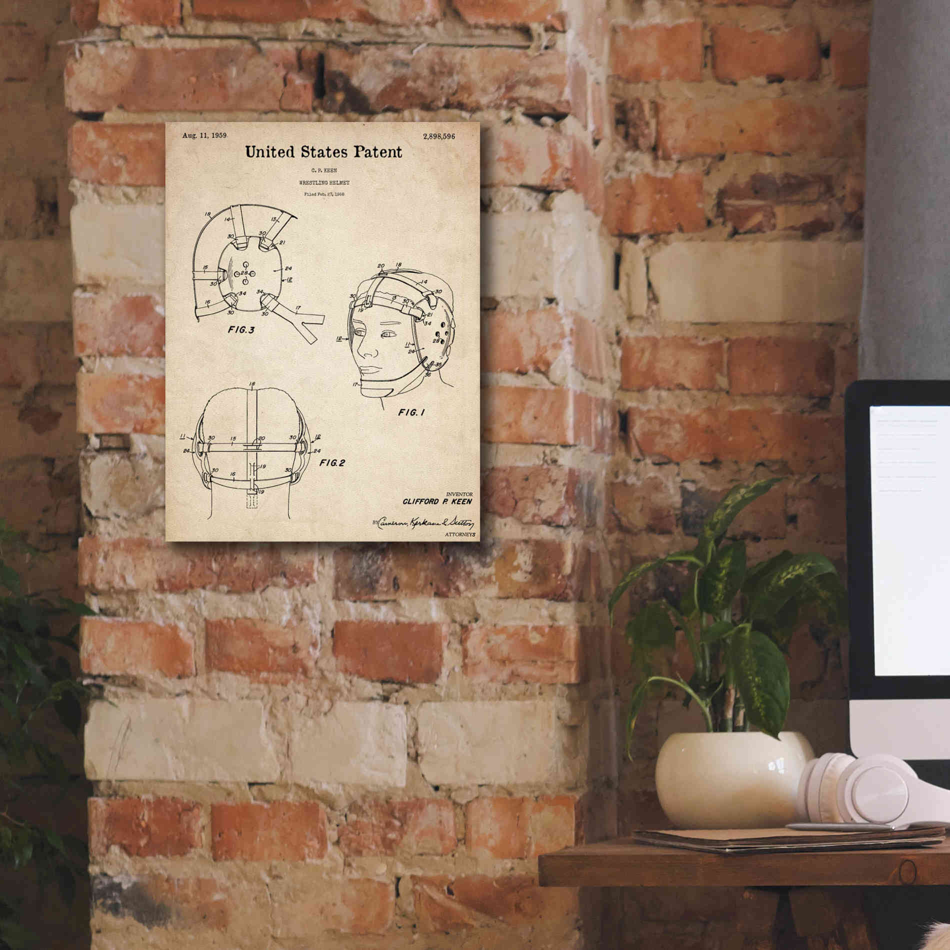 'Wrestling Headgear Blueprint Patent Parchment,' Canvas Wall Art,12 x 16