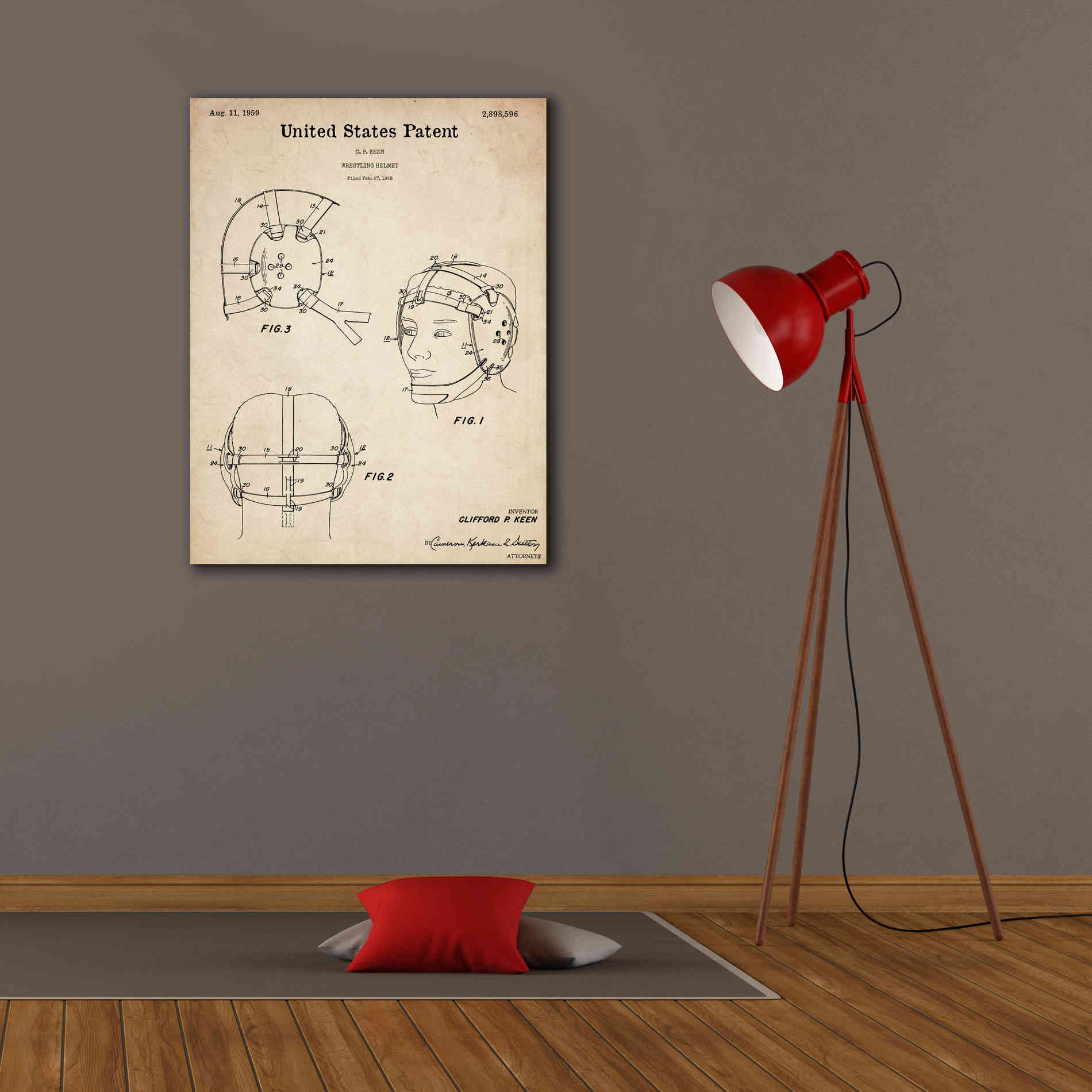 'Wrestling Headgear Blueprint Patent Parchment,' Canvas Wall Art,26 x 34