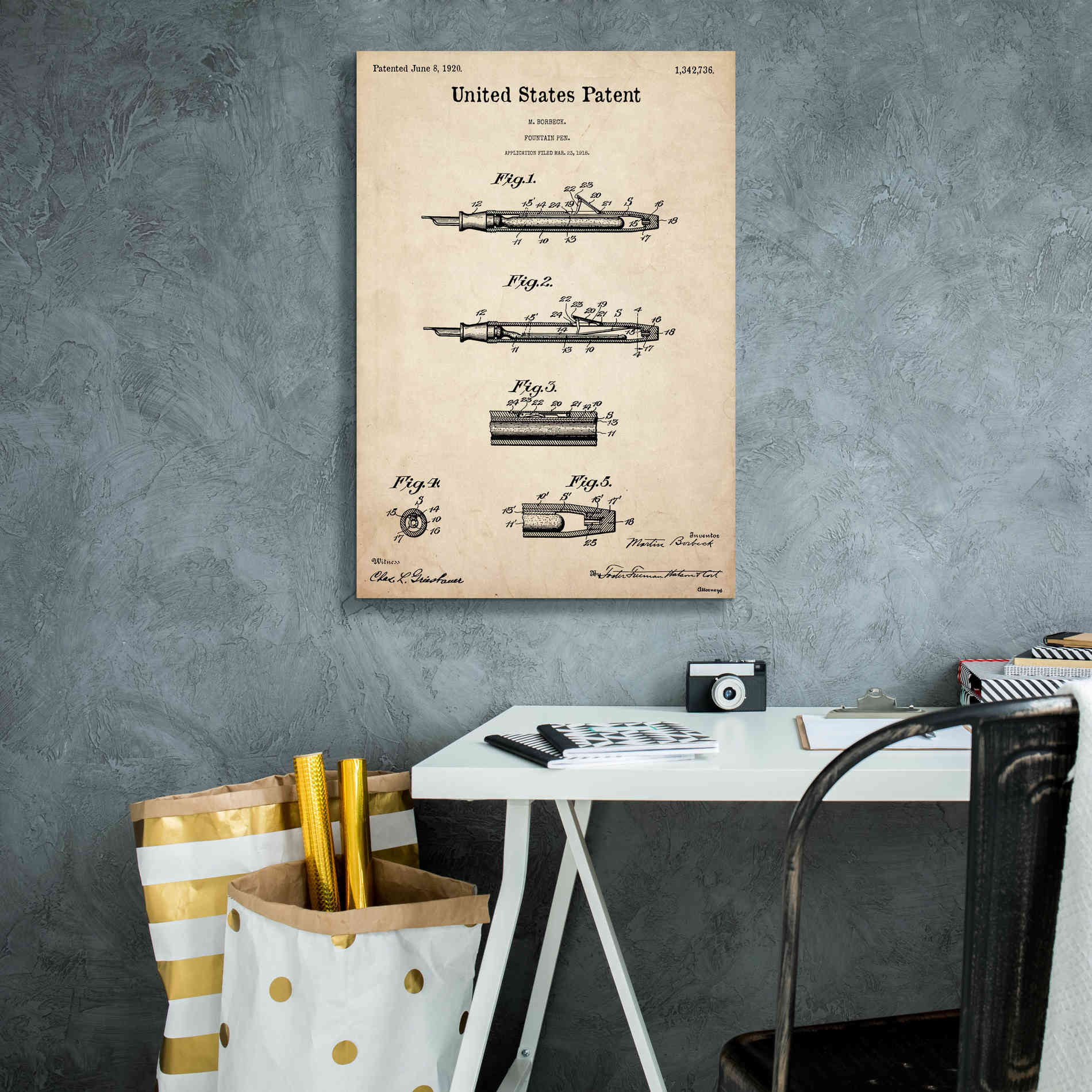 'Fountain Pen Blueprint Patent Parchment,' Canvas Wall Art,18 x 26