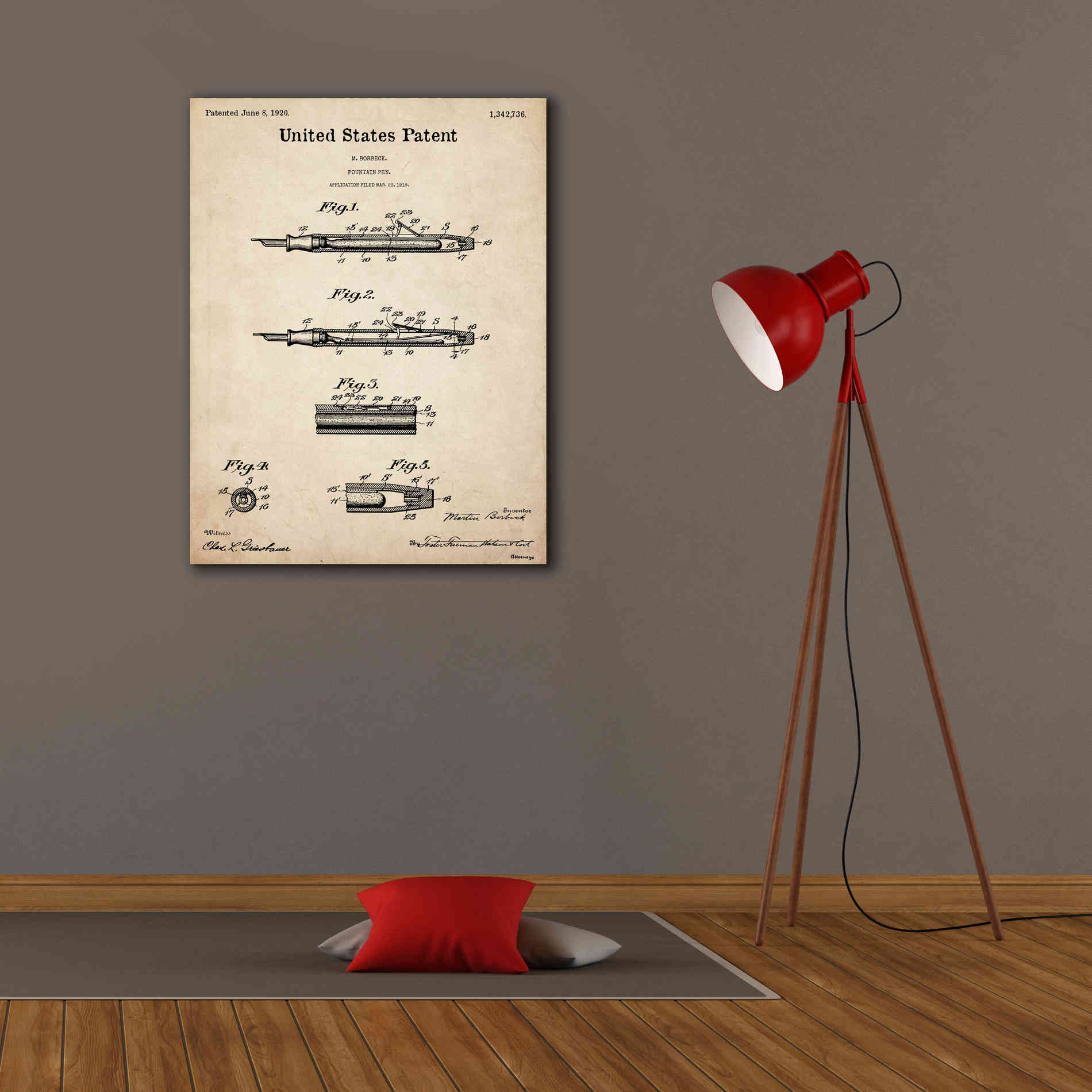 'Fountain Pen Blueprint Patent Parchment,' Canvas Wall Art,26 x 34