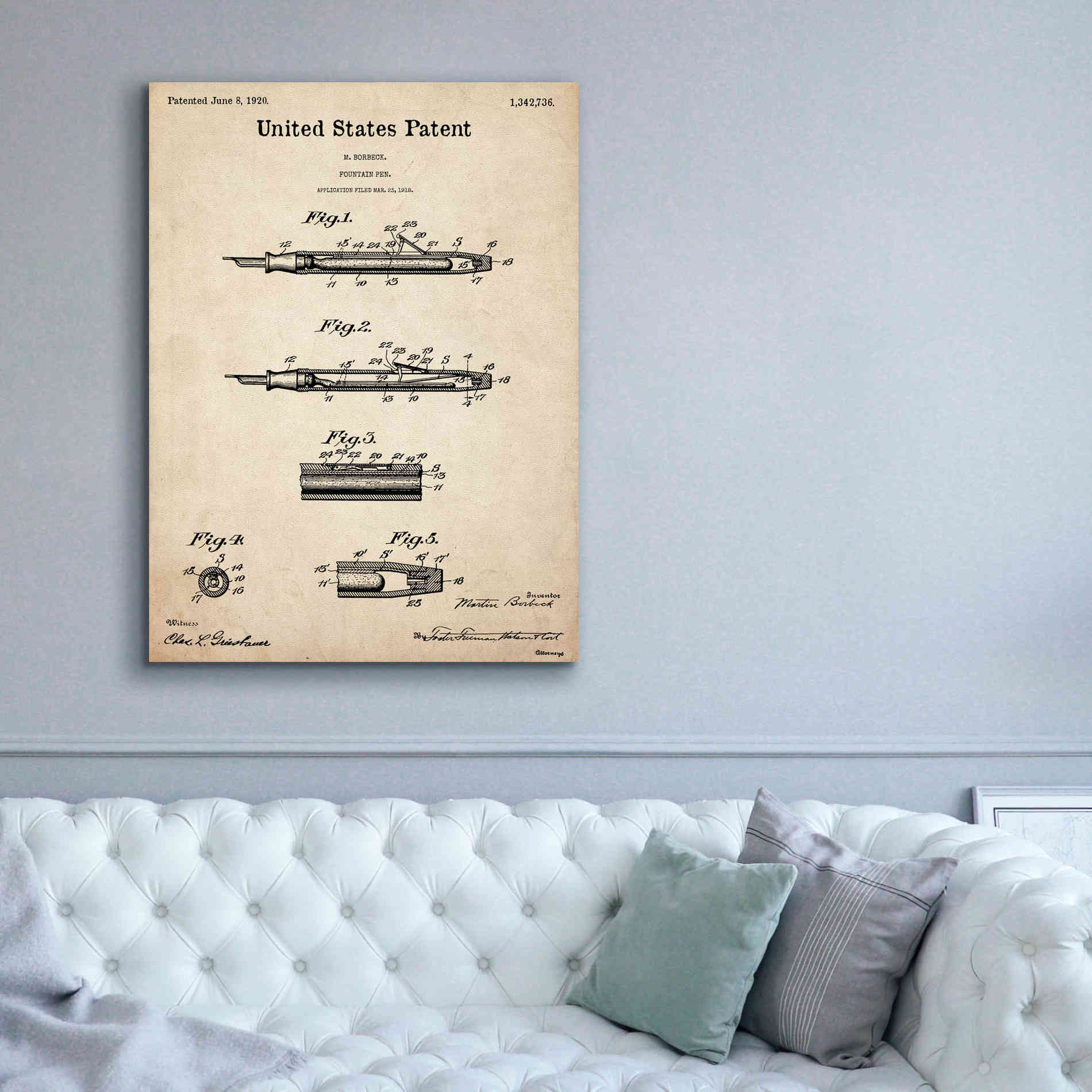 'Fountain Pen Blueprint Patent Parchment,' Canvas Wall Art,40 x 54