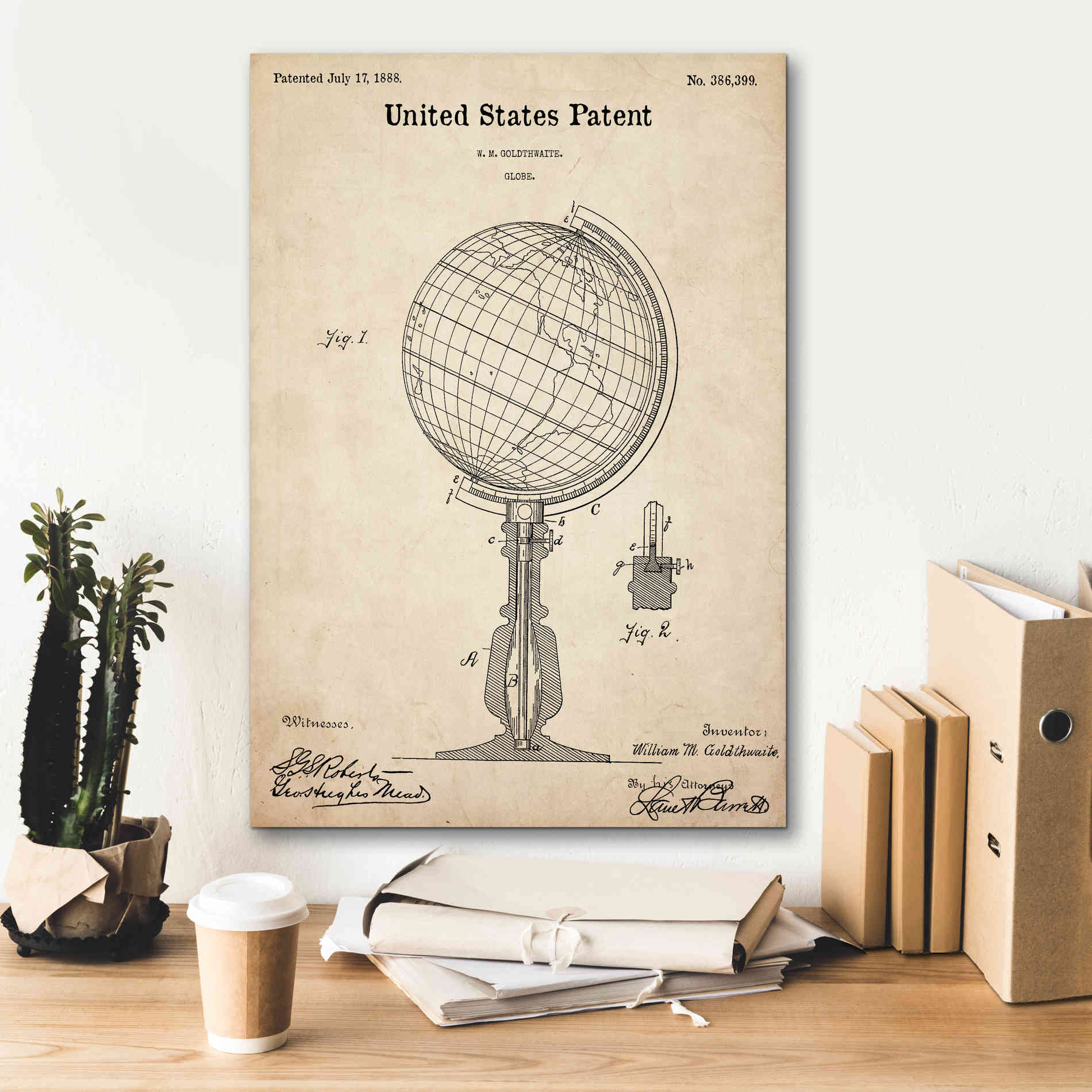 'globe Blueprint Patent Parchment,' Canvas Wall Art,18 x 26