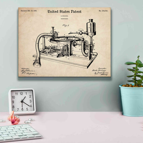 Image of 'Gramophone, 1895 Blueprint Patent Parchment,' Canvas Wall Art,16 x 12