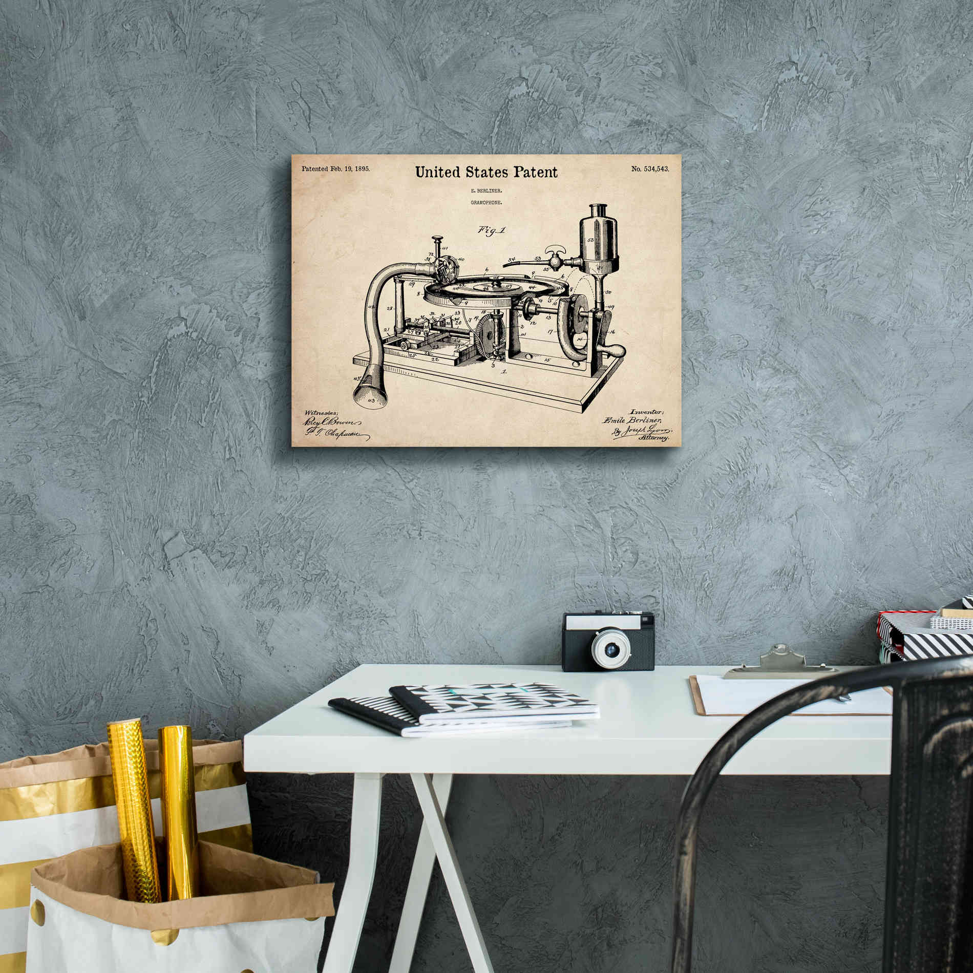 'Gramophone, 1895 Blueprint Patent Parchment,' Canvas Wall Art,16 x 12