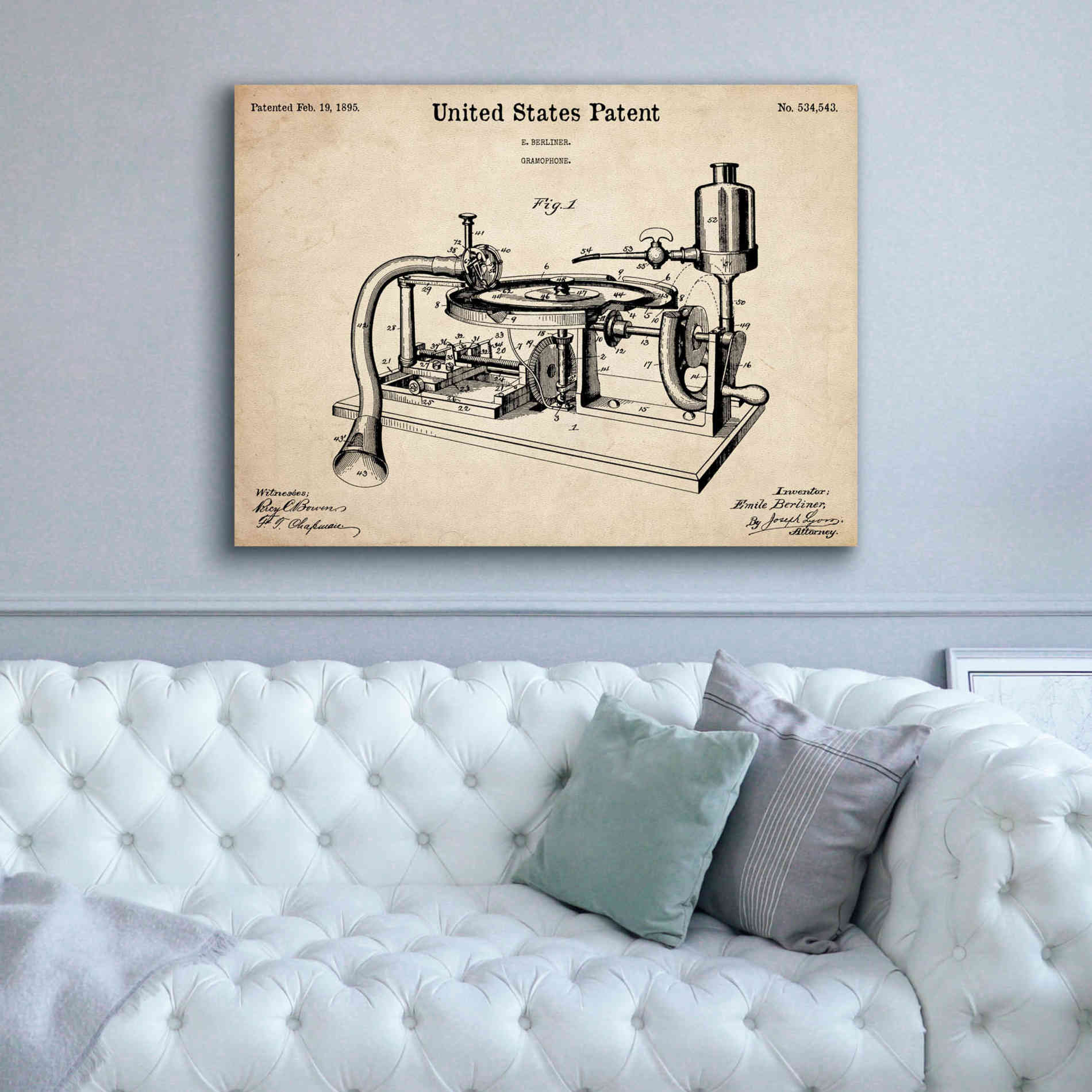 'Gramophone, 1895 Blueprint Patent Parchment,' Canvas Wall Art,54 x 40