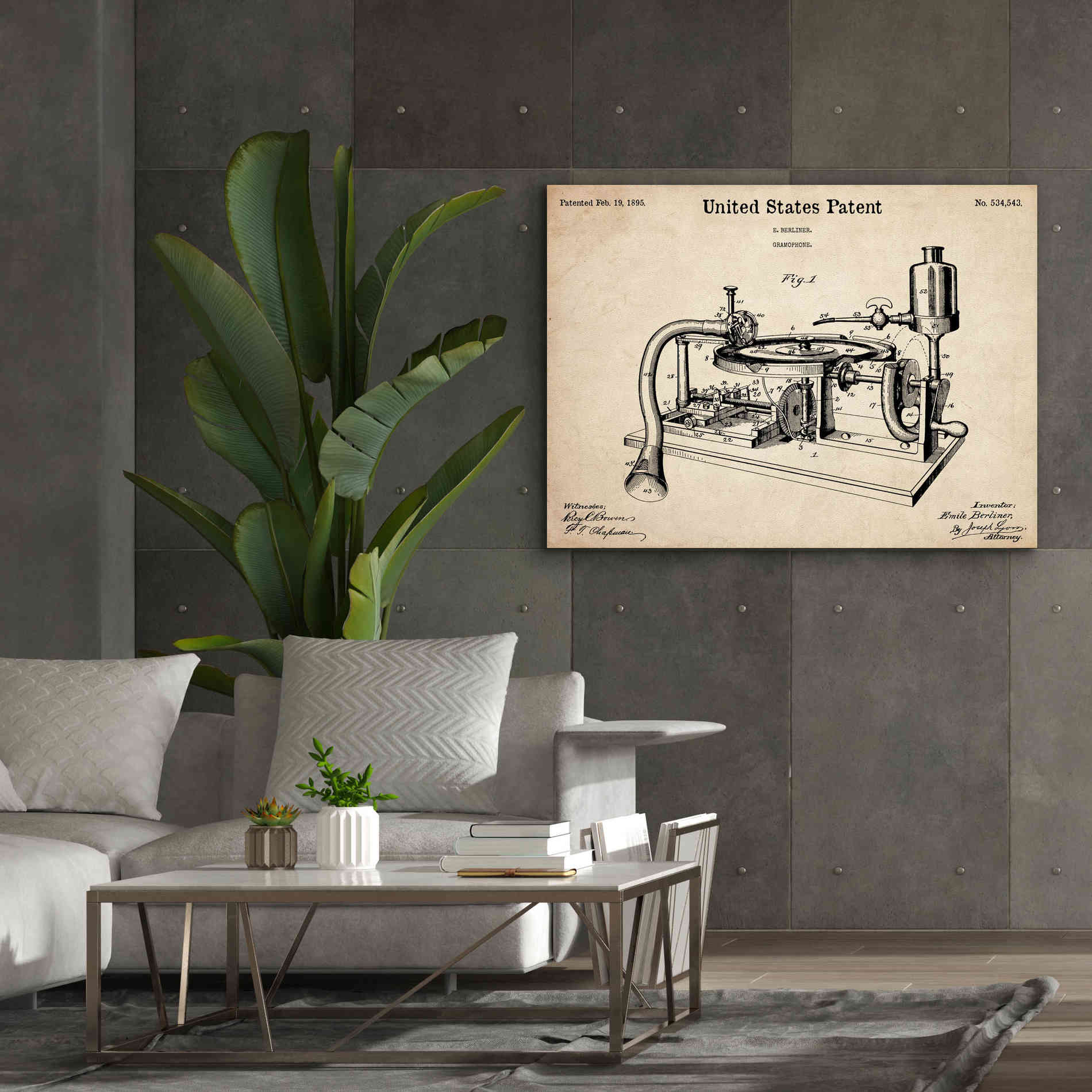 'Gramophone, 1895 Blueprint Patent Parchment,' Canvas Wall Art,54 x 40