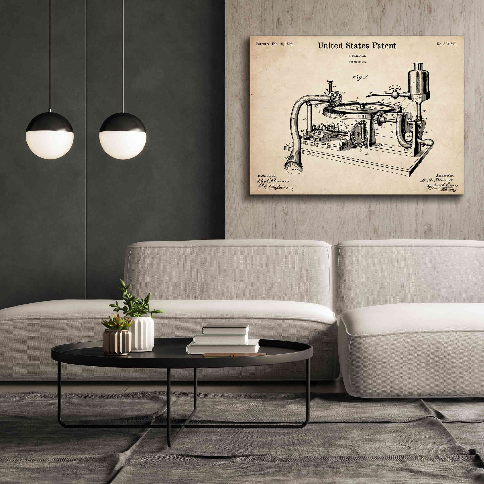 'Gramophone, 1895 Blueprint Patent Parchment,' Canvas Wall Art,54 x 40