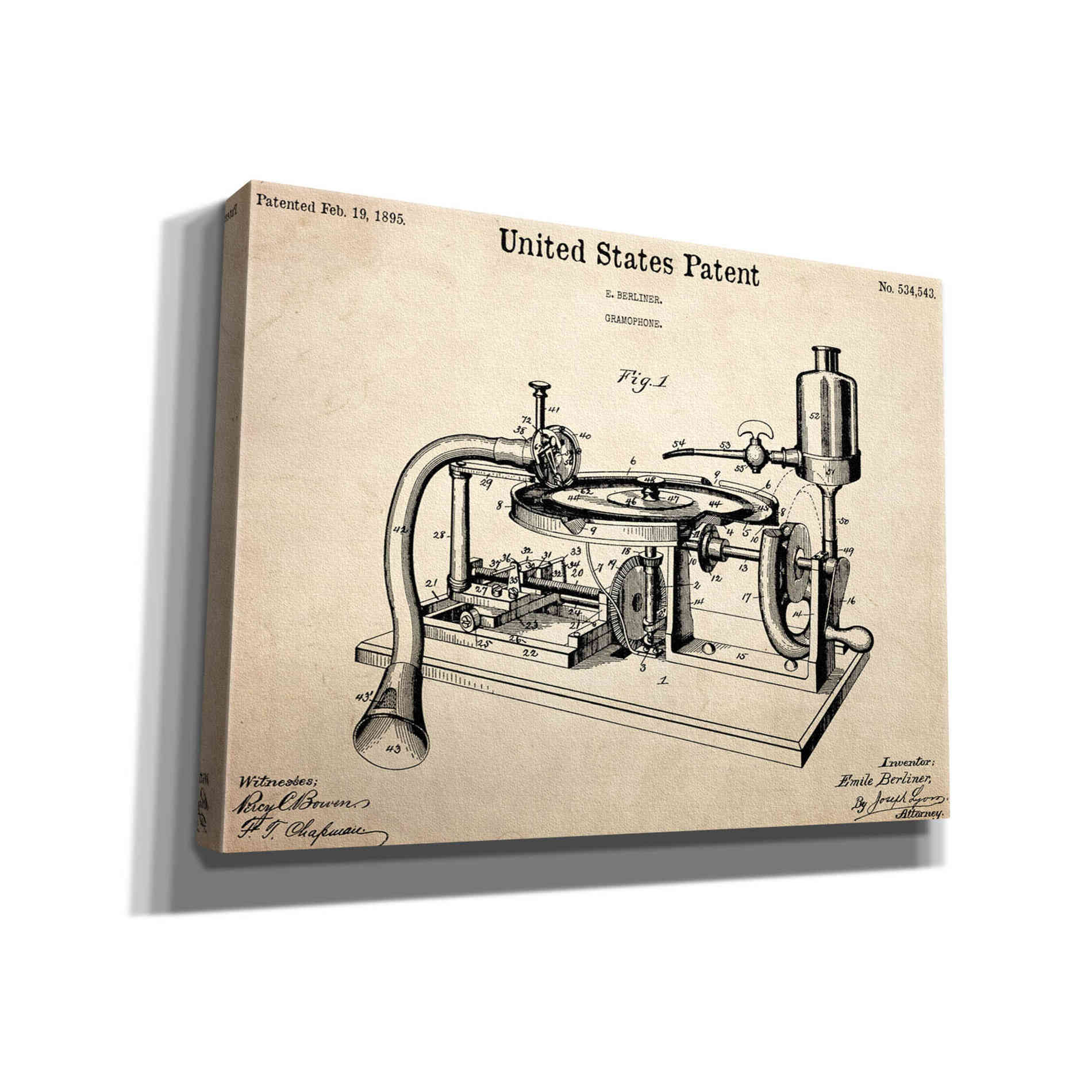 'Gramophone, 1895 Blueprint Patent Parchment,' Canvas Wall Art,16x12x1.1x0,26x18x1.1x0,34x26x1.74x0,54x40x1.74x0