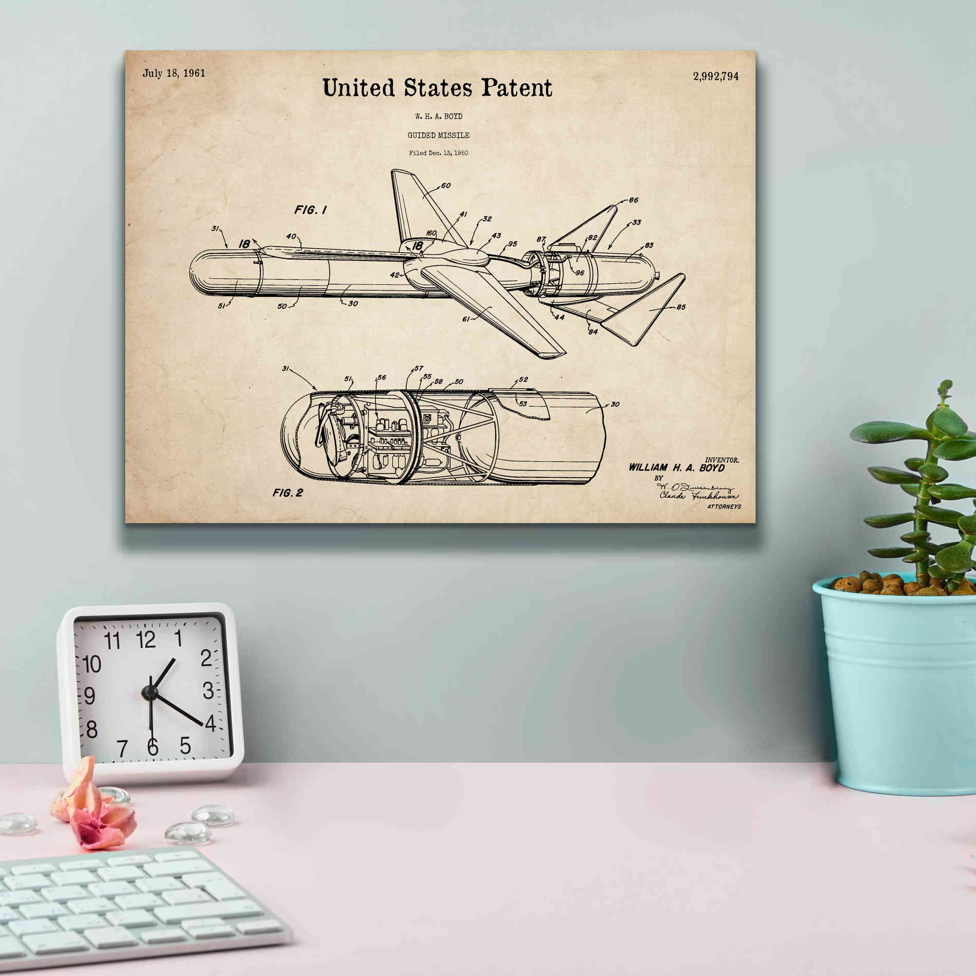 'Cold War Era Guided Missile Blueprint Patent Parchment,' Canvas Wall Art,16 x 12