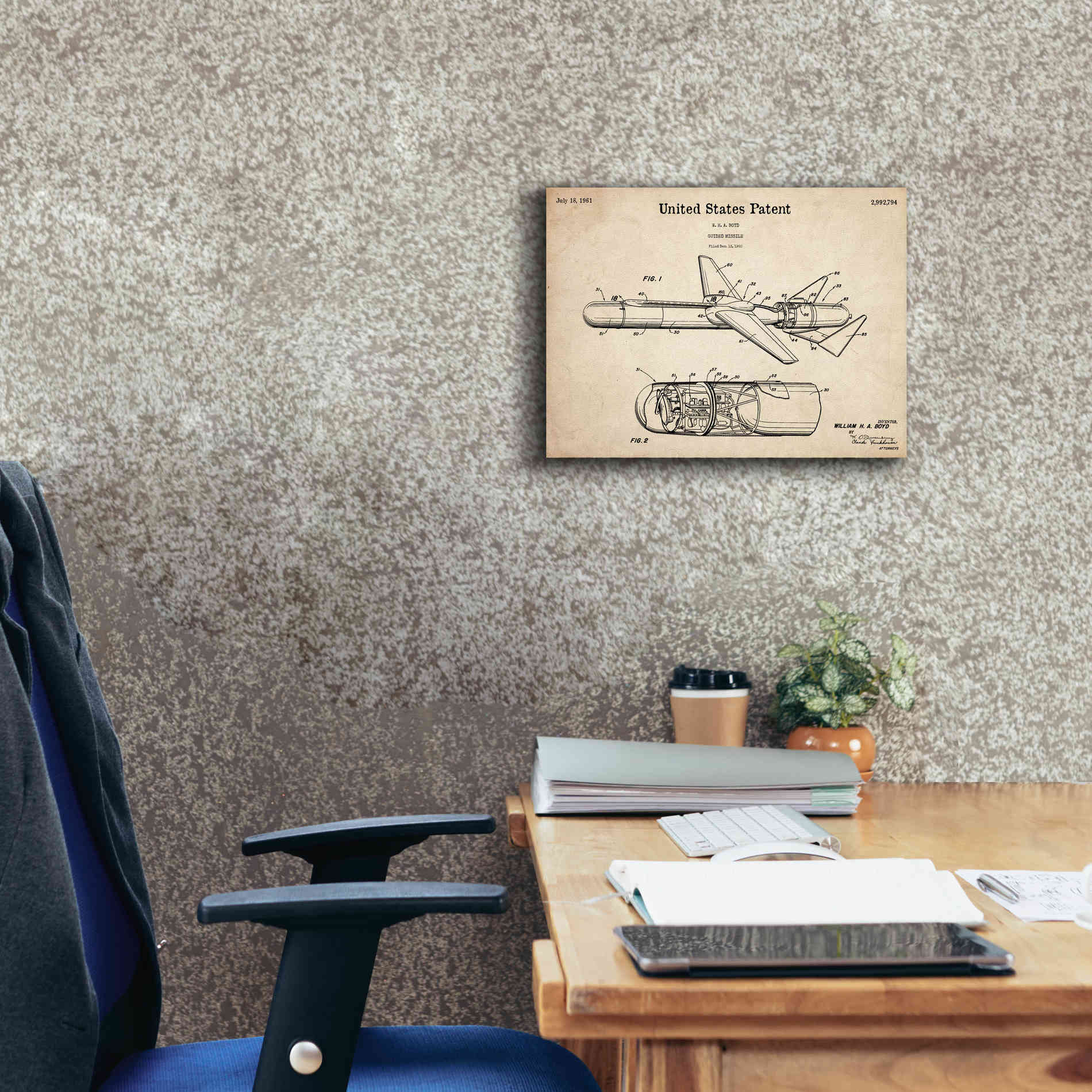 'Cold War Era Guided Missile Blueprint Patent Parchment,' Canvas Wall Art,16 x 12