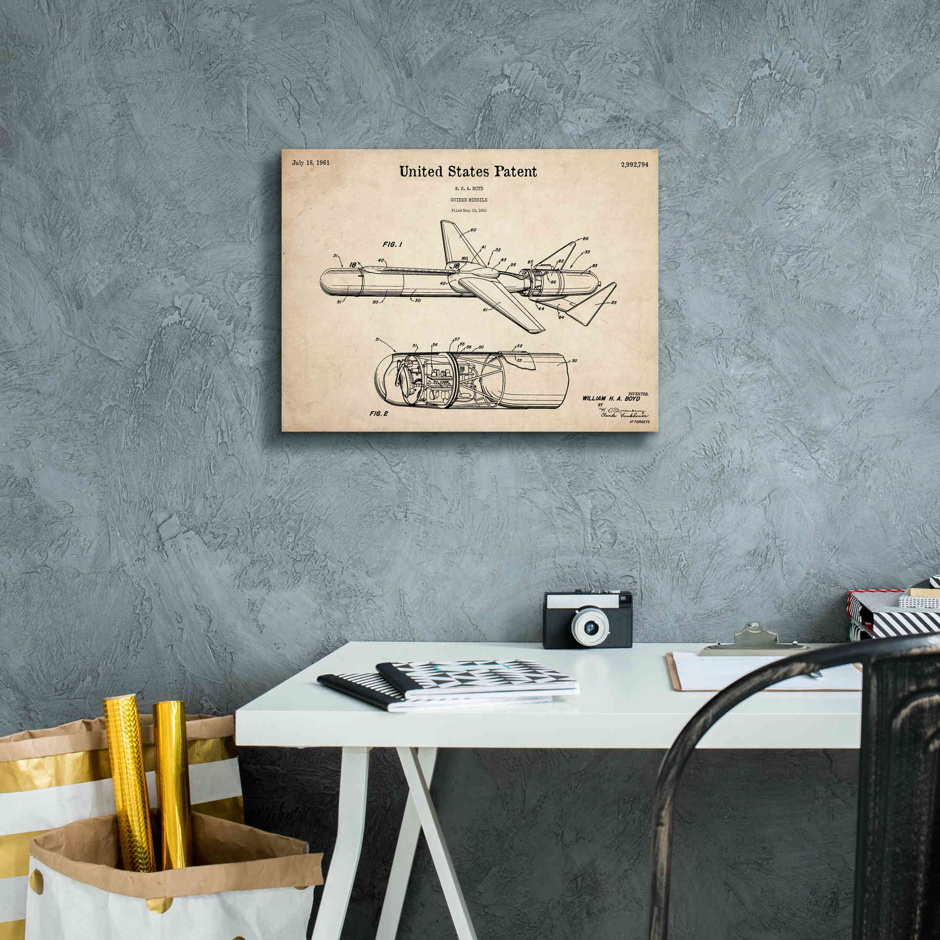 'Cold War Era Guided Missile Blueprint Patent Parchment,' Canvas Wall Art,16 x 12