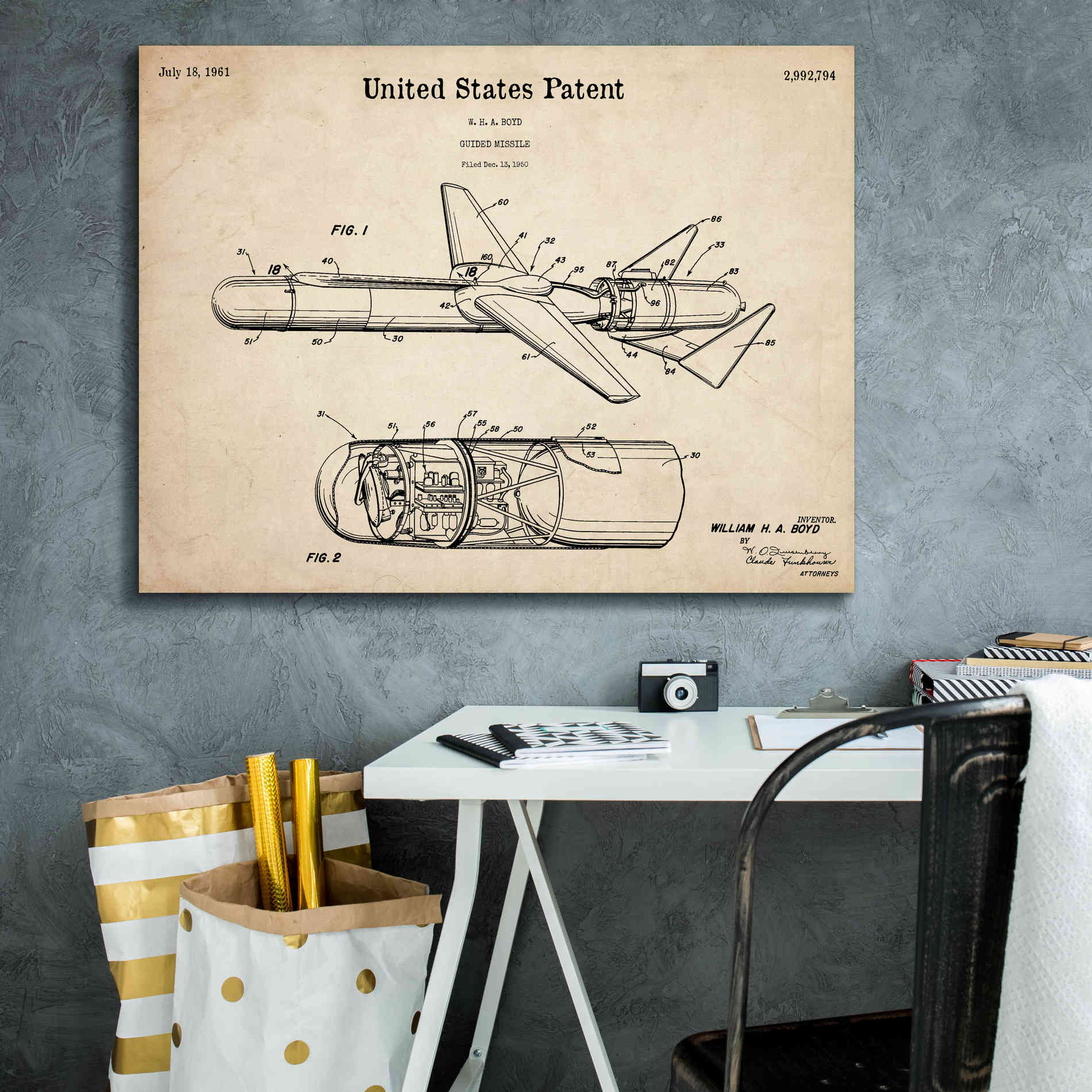 'Cold War Era Guided Missile Blueprint Patent Parchment,' Canvas Wall Art,34 x 26
