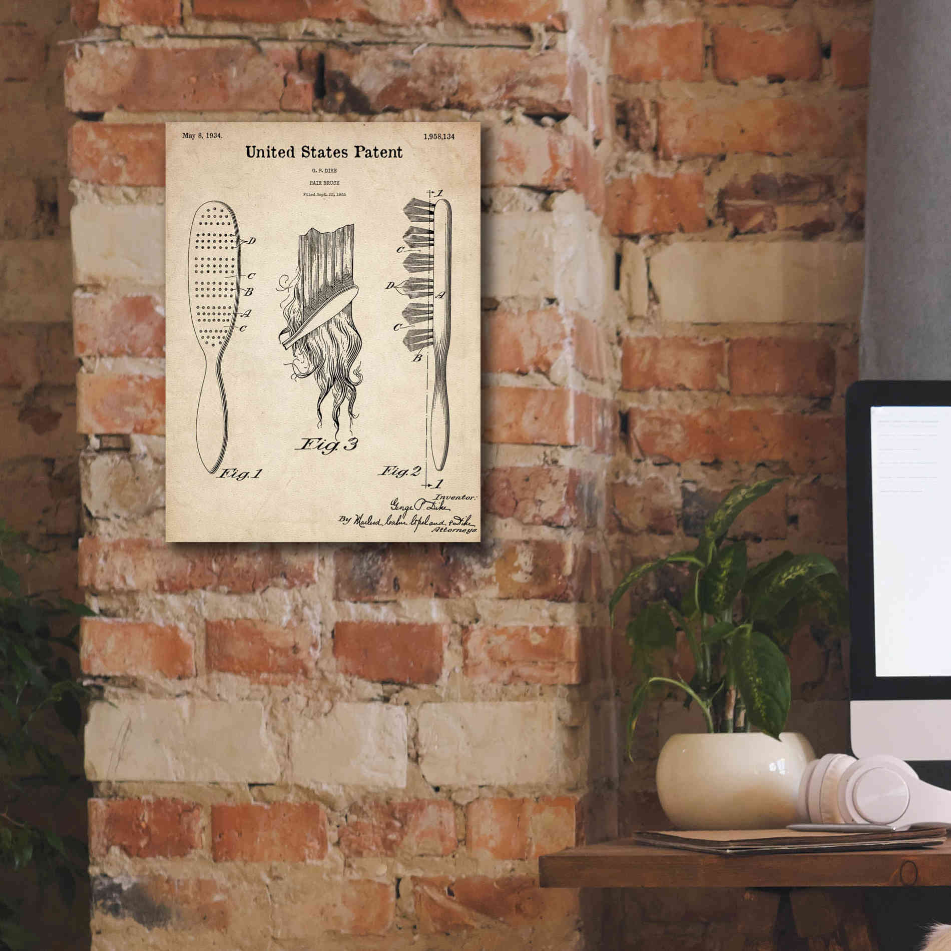 'Hair Brush Blueprint Patent Parchment,' Canvas Wall Art,12 x 16