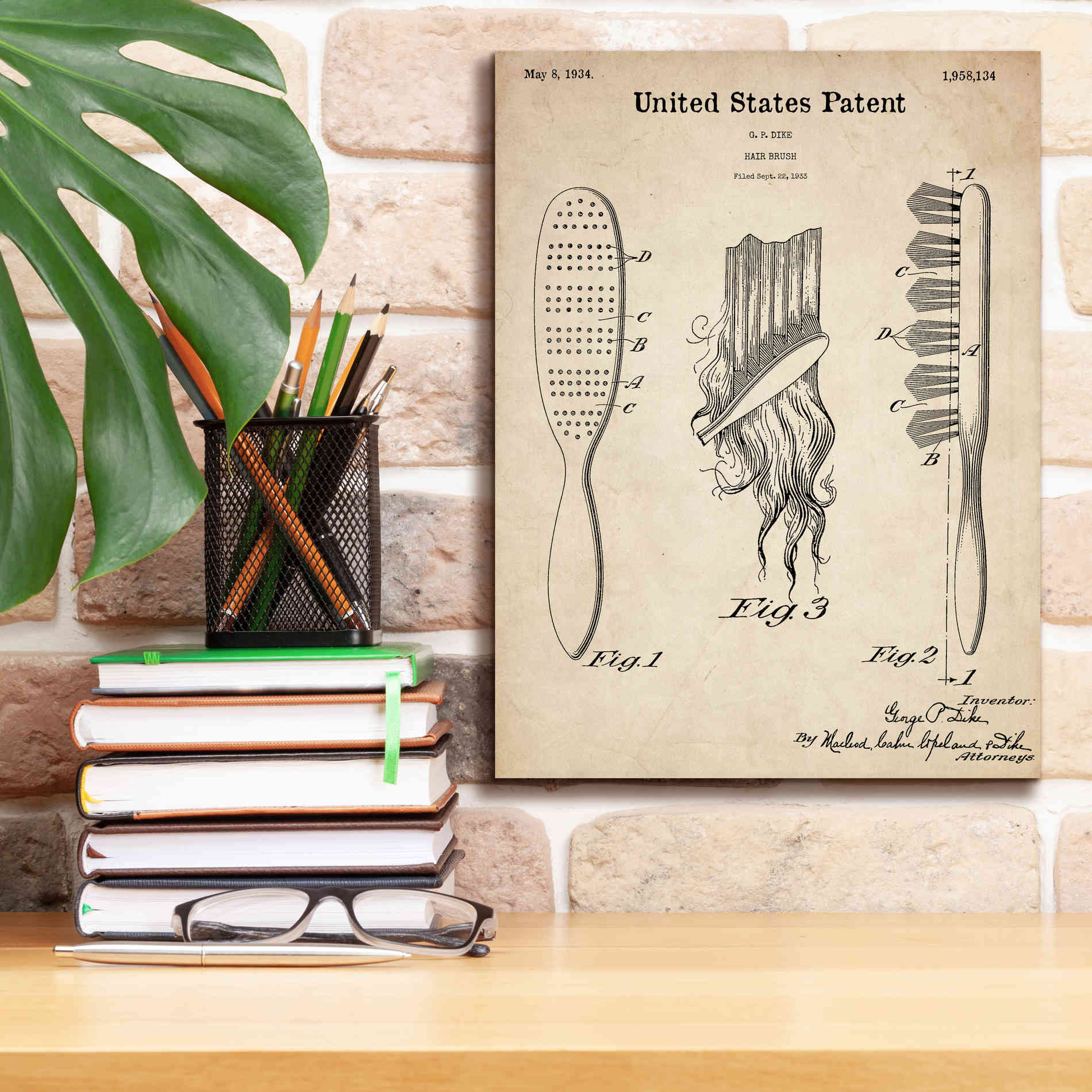'Hair Brush Blueprint Patent Parchment,' Canvas Wall Art,12 x 16