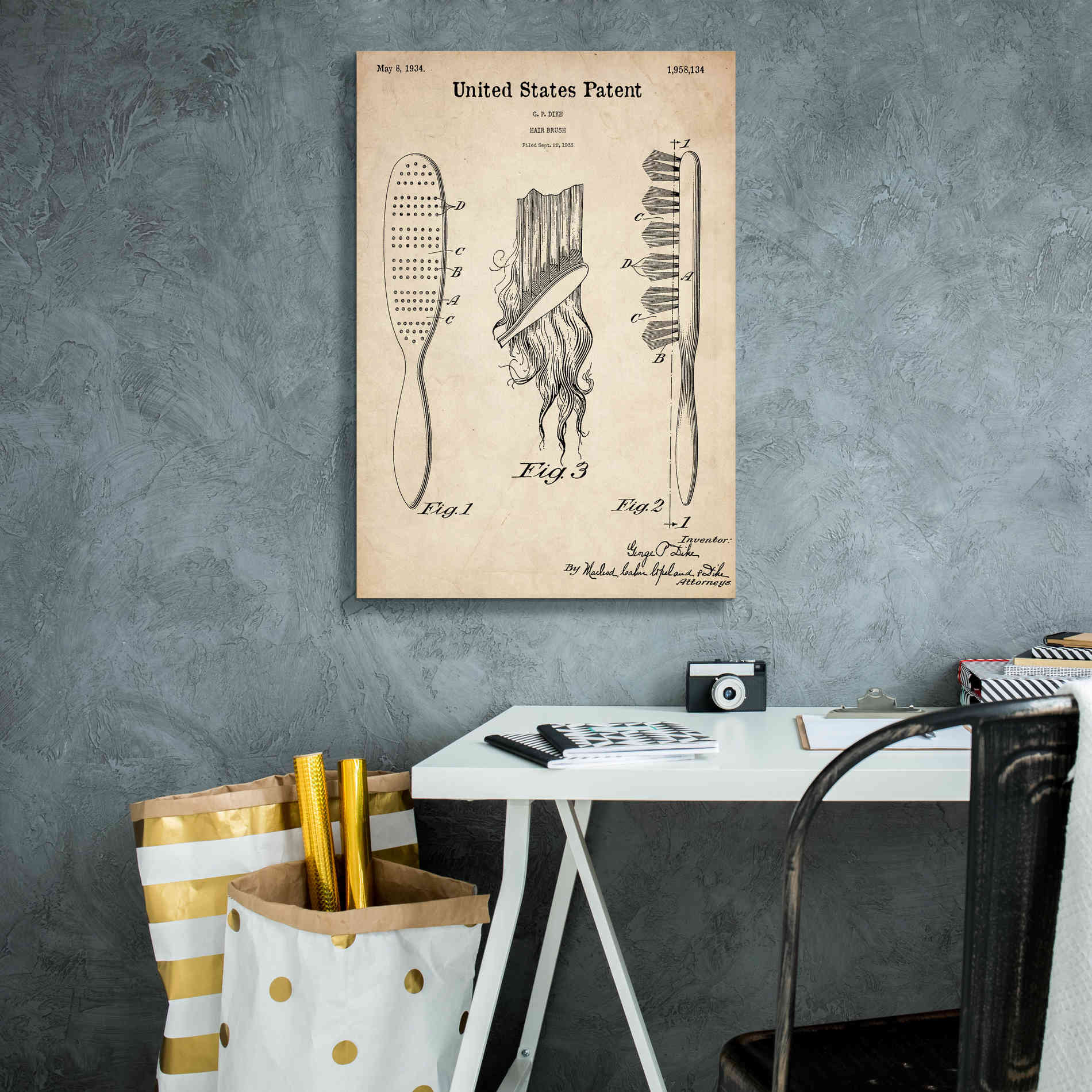 'Hair Brush Blueprint Patent Parchment,' Canvas Wall Art,18 x 26