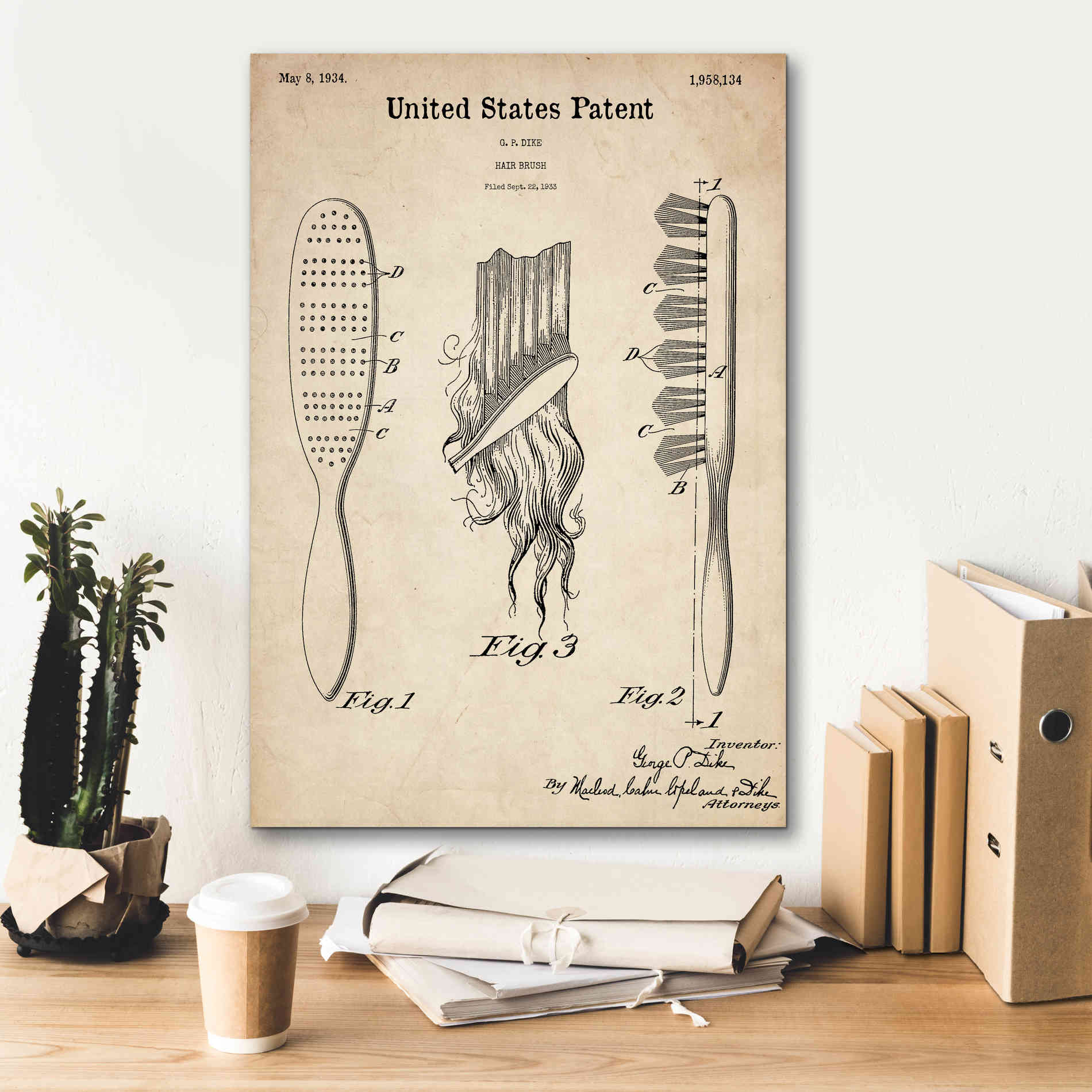 'Hair Brush Blueprint Patent Parchment,' Canvas Wall Art,18 x 26