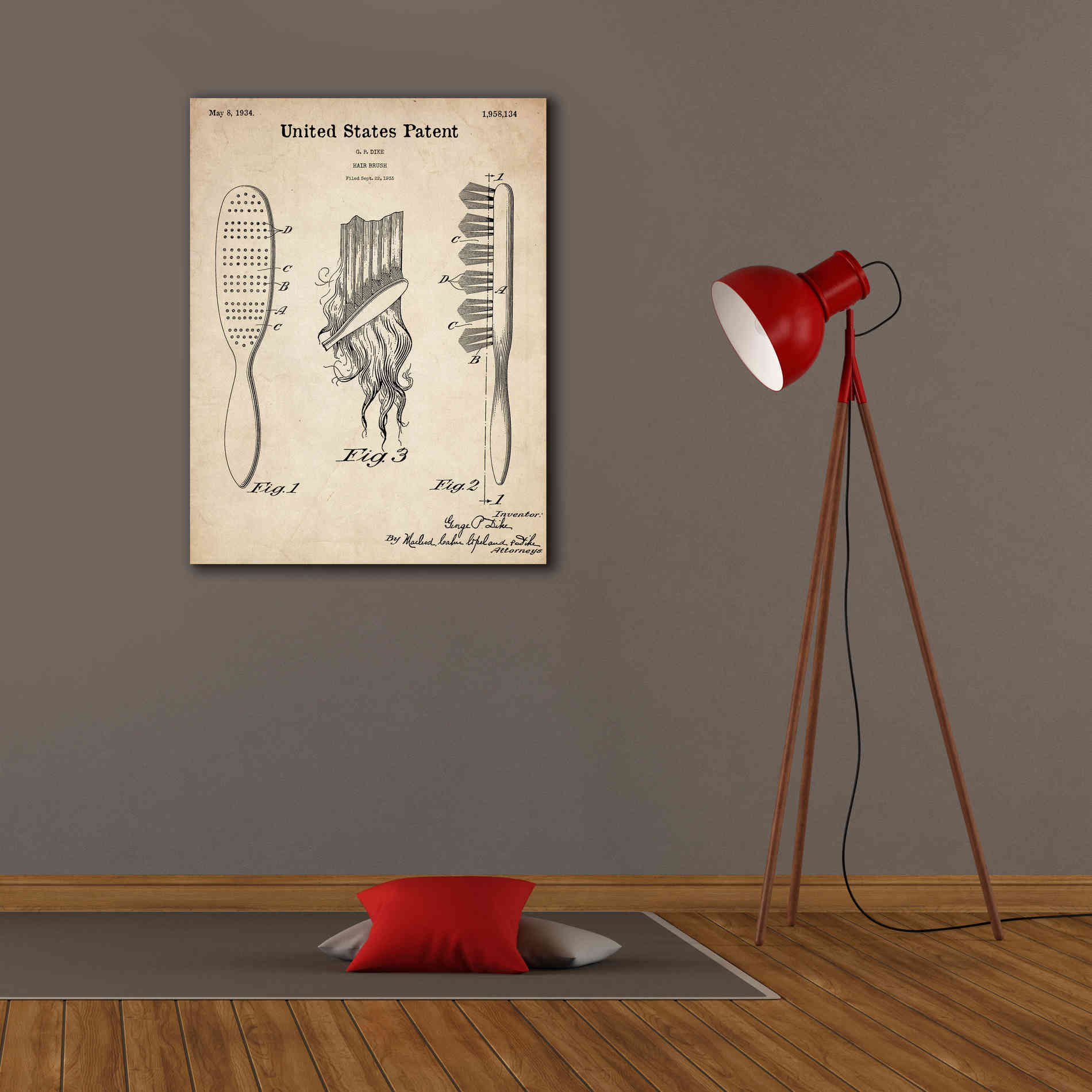 'Hair Brush Blueprint Patent Parchment,' Canvas Wall Art,26 x 34