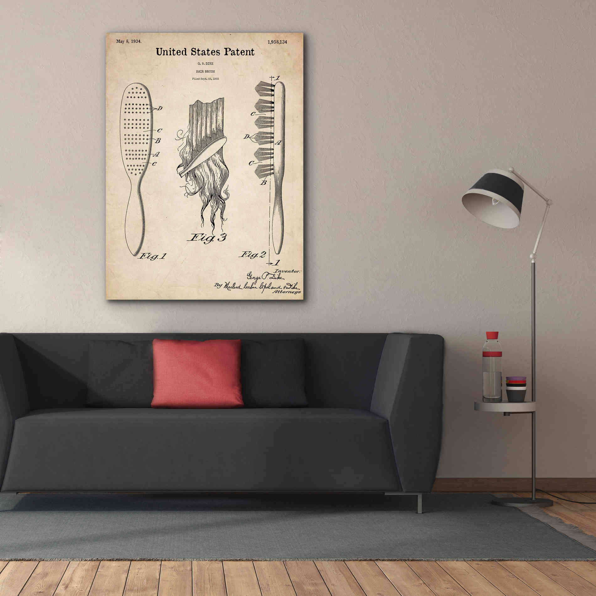 'Hair Brush Blueprint Patent Parchment,' Canvas Wall Art,40 x 54