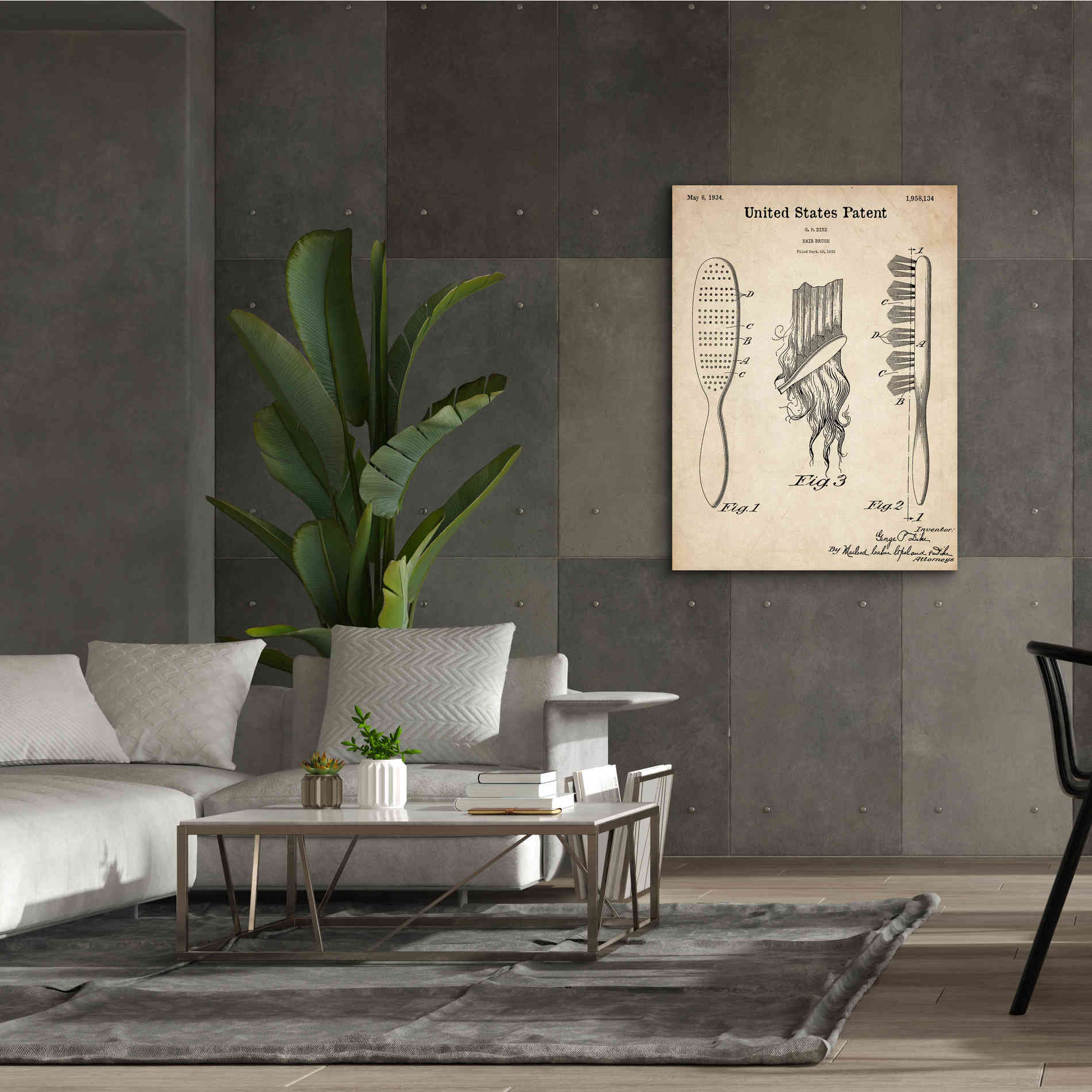 'Hair Brush Blueprint Patent Parchment,' Canvas Wall Art,40 x 54