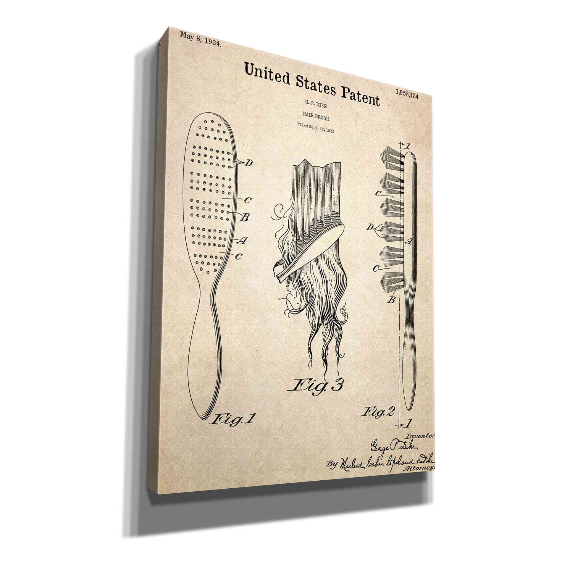 'Hair Brush Blueprint Patent Parchment,' Canvas Wall Art,12x16x1.1x0,18x26x1.1x0,26x34x1.74x0,40x54x1.74x0