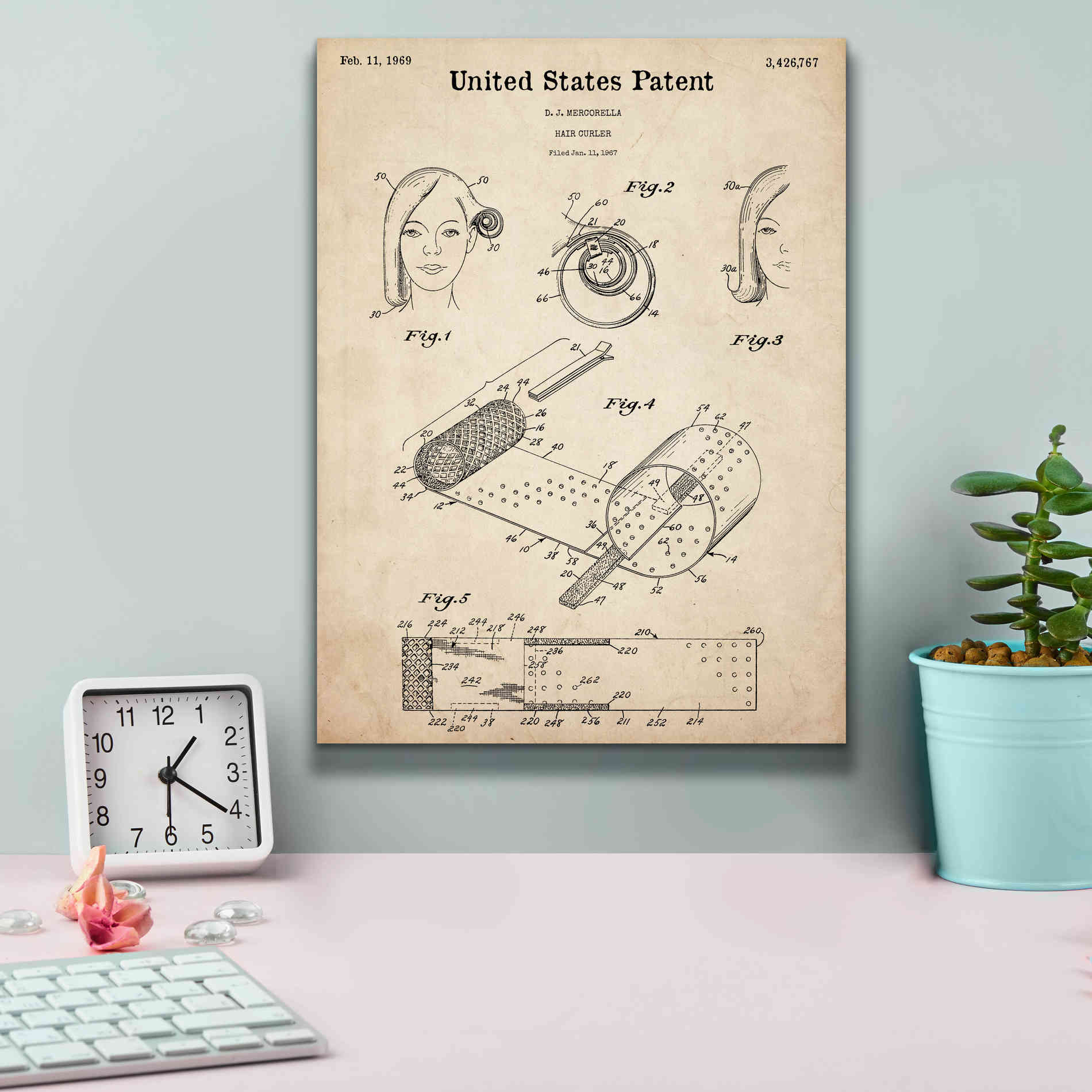 'Hair Curler Blueprint Patent Parchment,' Canvas Wall Art,12 x 16