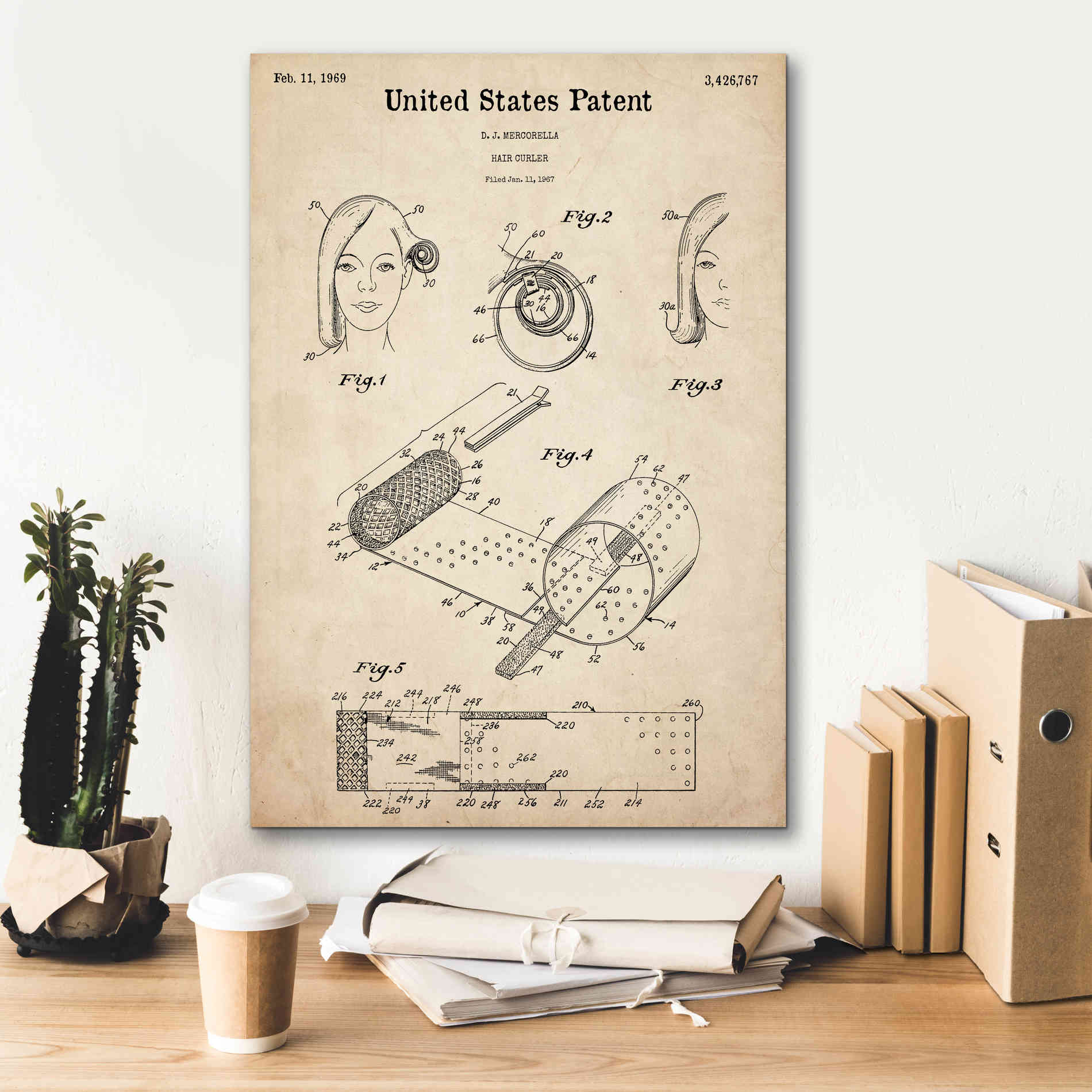 'Hair Curler Blueprint Patent Parchment,' Canvas Wall Art,18 x 26