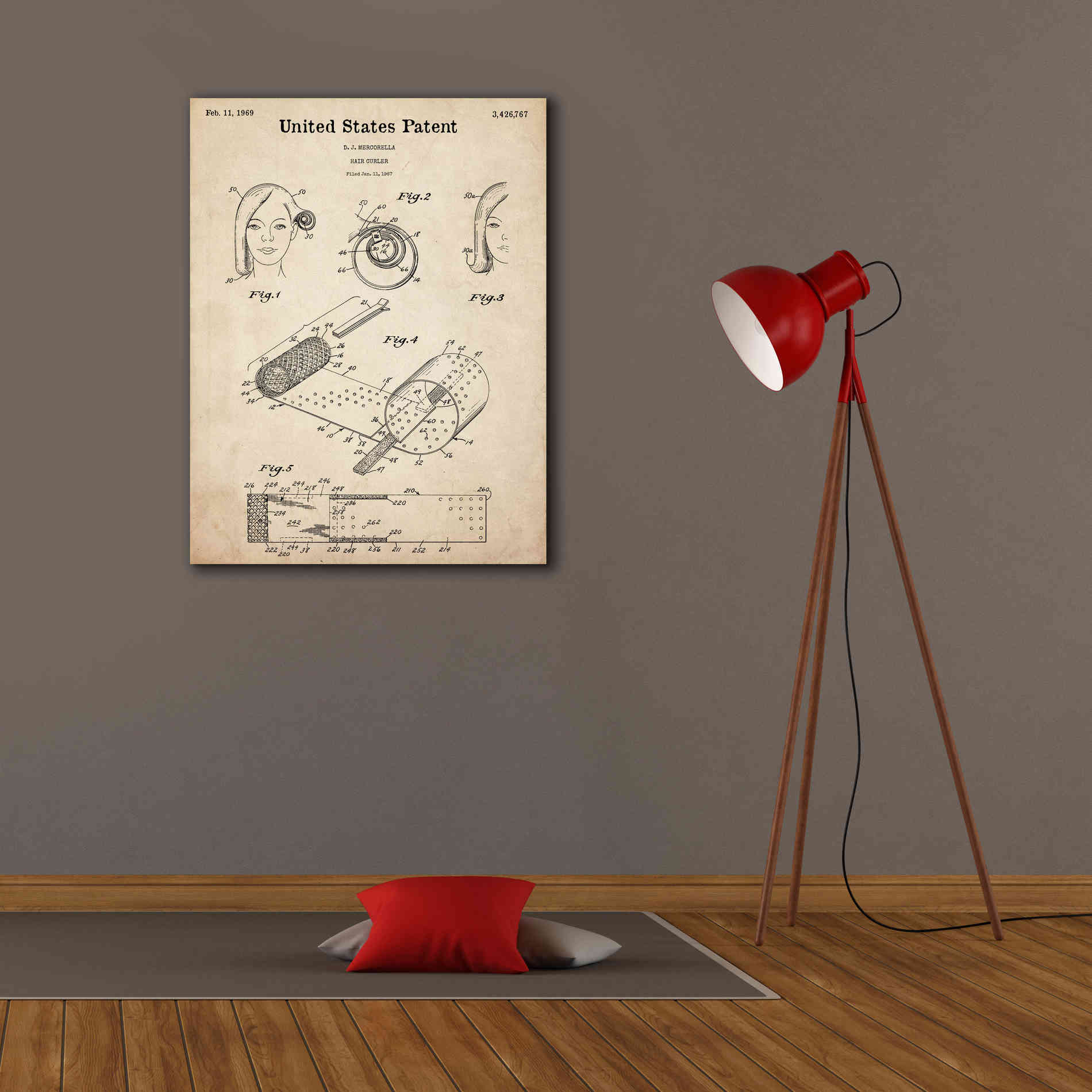 'Hair Curler Blueprint Patent Parchment,' Canvas Wall Art,26 x 34