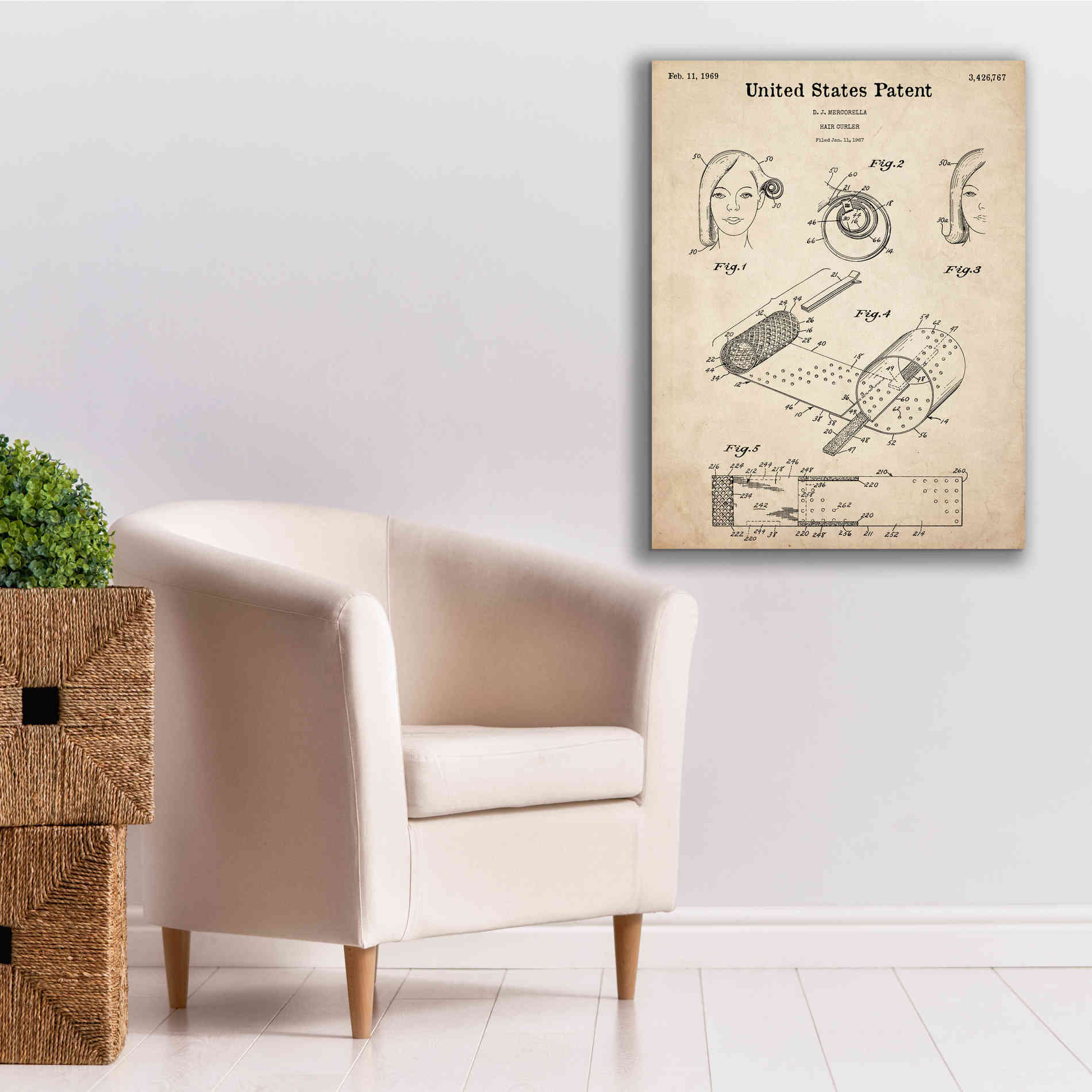 'Hair Curler Blueprint Patent Parchment,' Canvas Wall Art,26 x 34