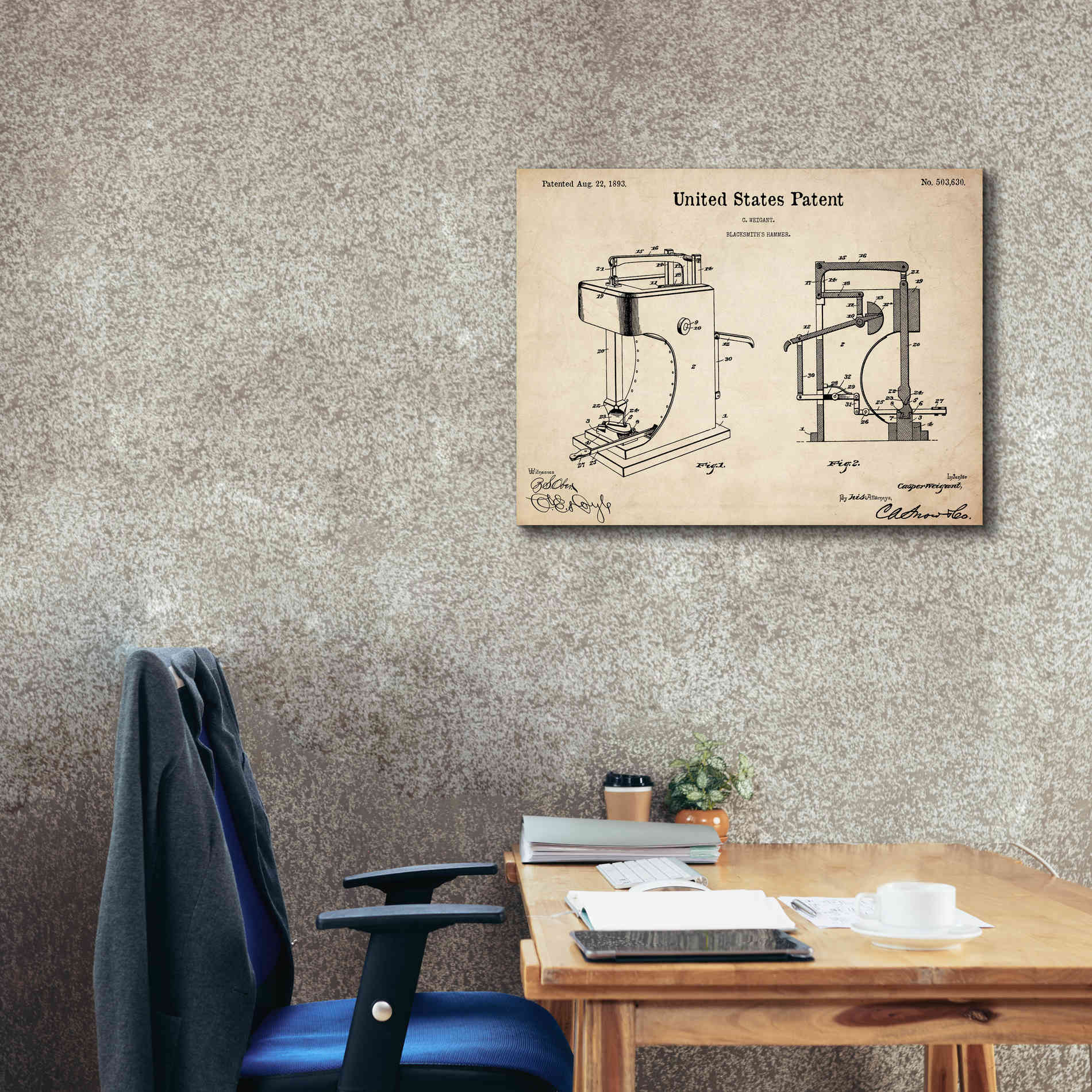 'Blacksmith's Hammer Blueprint Patent Parchment,' Canvas Wall Art,34 x 26