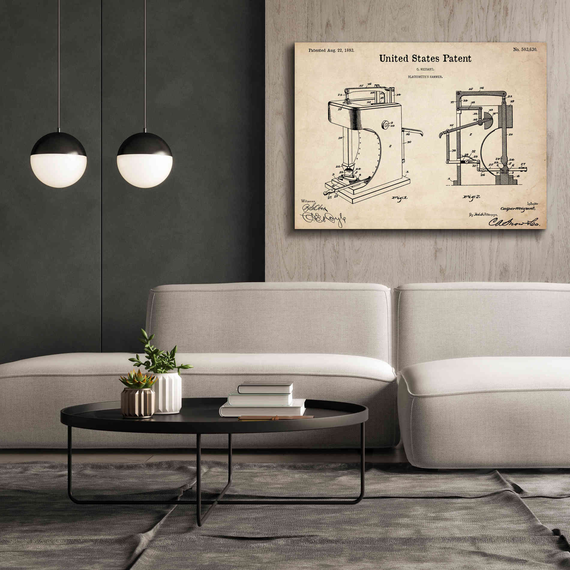 'Blacksmith's Hammer Blueprint Patent Parchment,' Canvas Wall Art,54 x 40