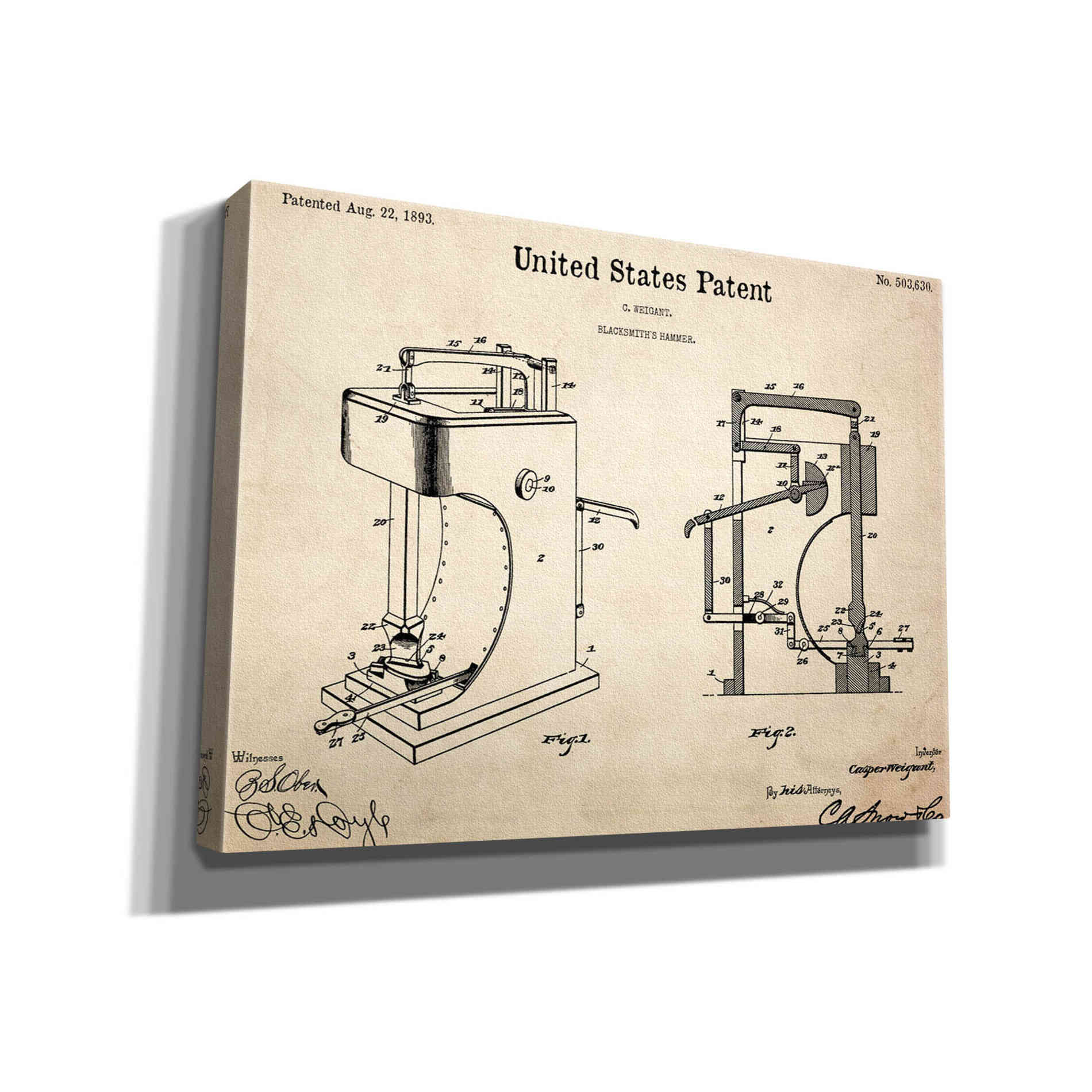'Blacksmith's Hammer Blueprint Patent Parchment,' Canvas Wall Art,12x16x1.1x0,18x26x1.1x0,26x34x1.74x0,40x54x1.74x0