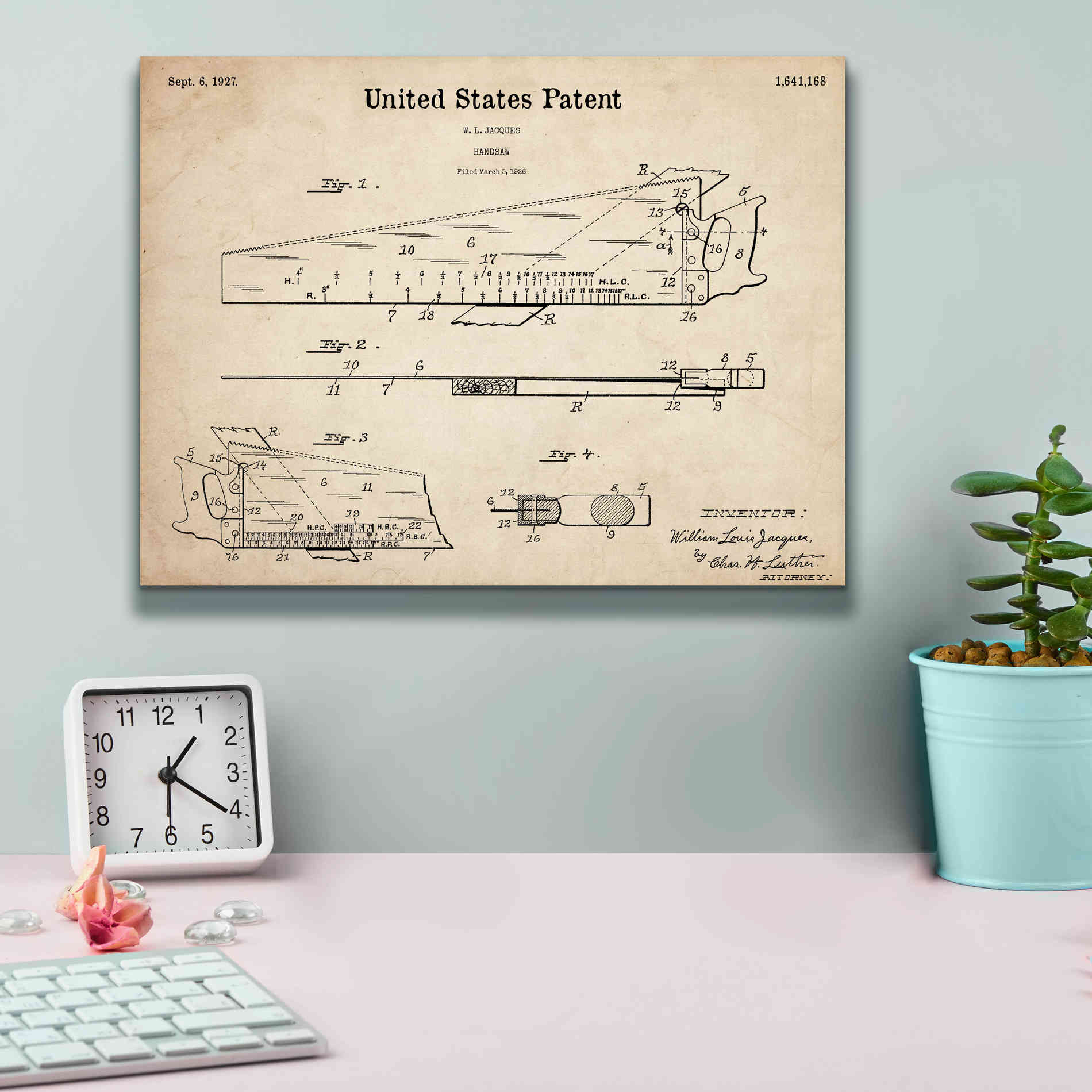 'Handsaw Blueprint Patent Parchment,' Canvas Wall Art,16 x 12
