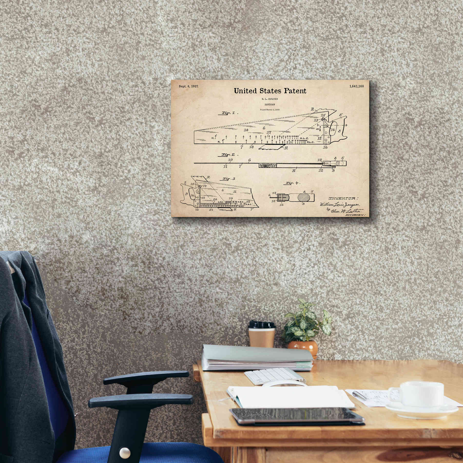 'Handsaw Blueprint Patent Parchment,' Canvas Wall Art,26 x 18
