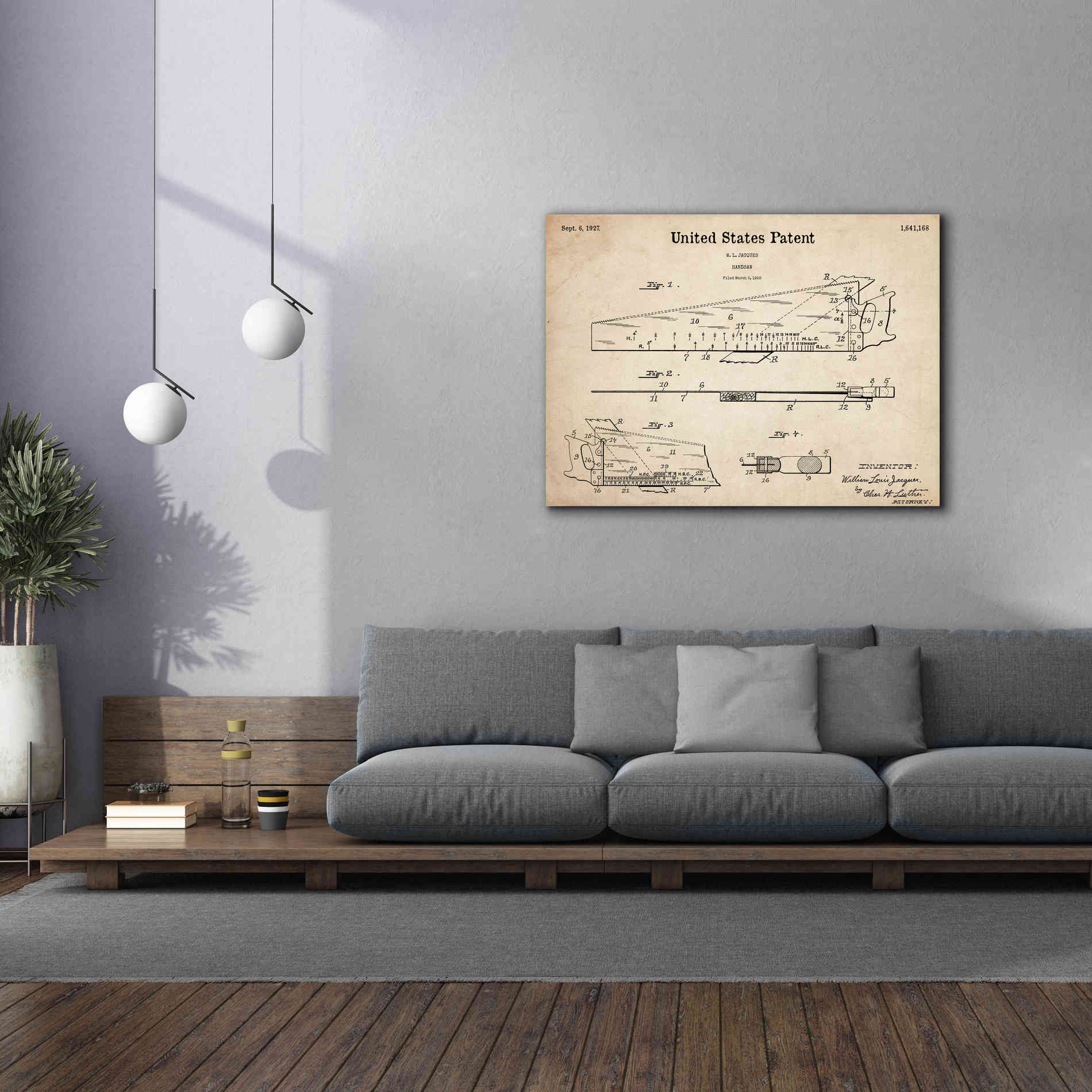 'Handsaw Blueprint Patent Parchment,' Canvas Wall Art,54 x 40
