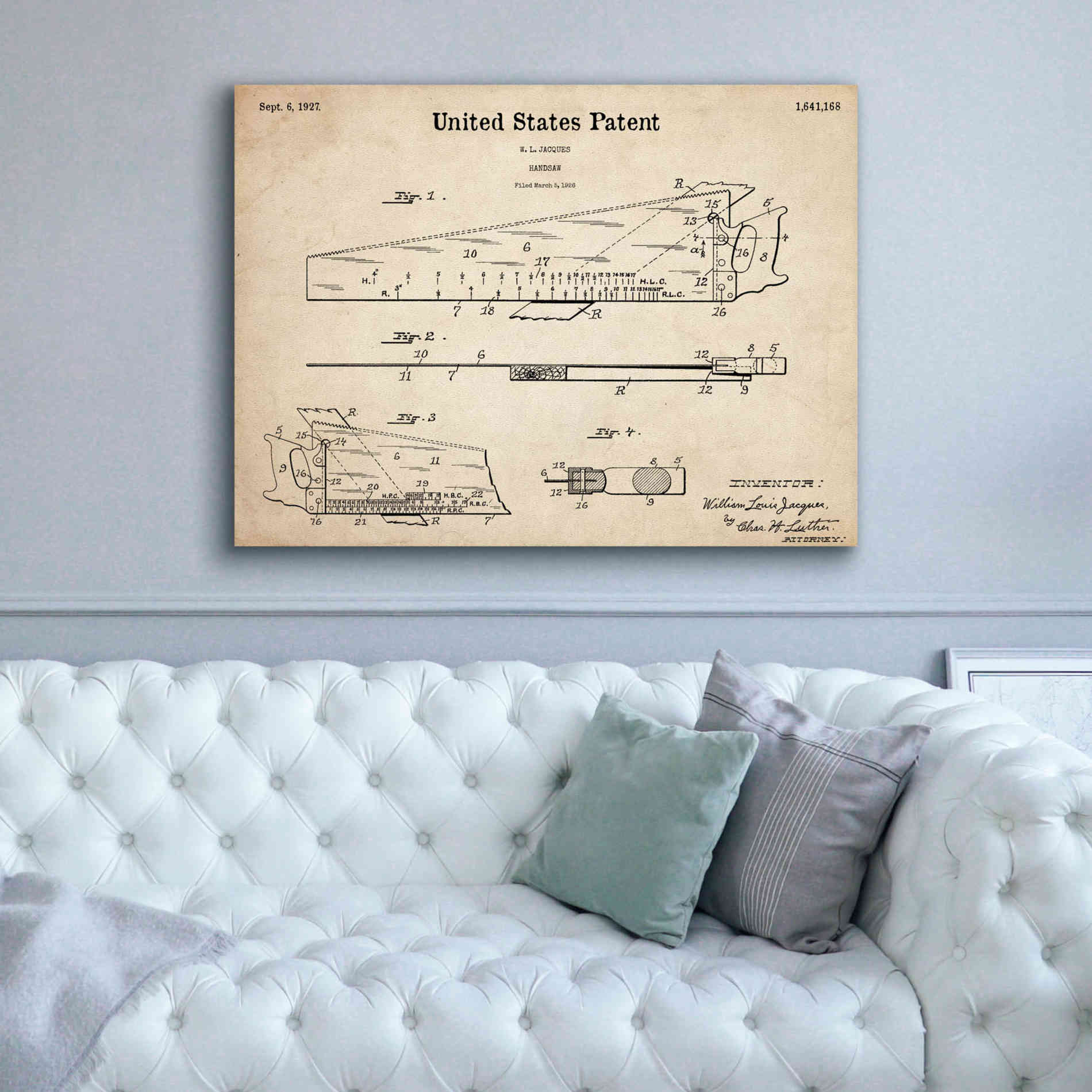'Handsaw Blueprint Patent Parchment,' Canvas Wall Art,54 x 40