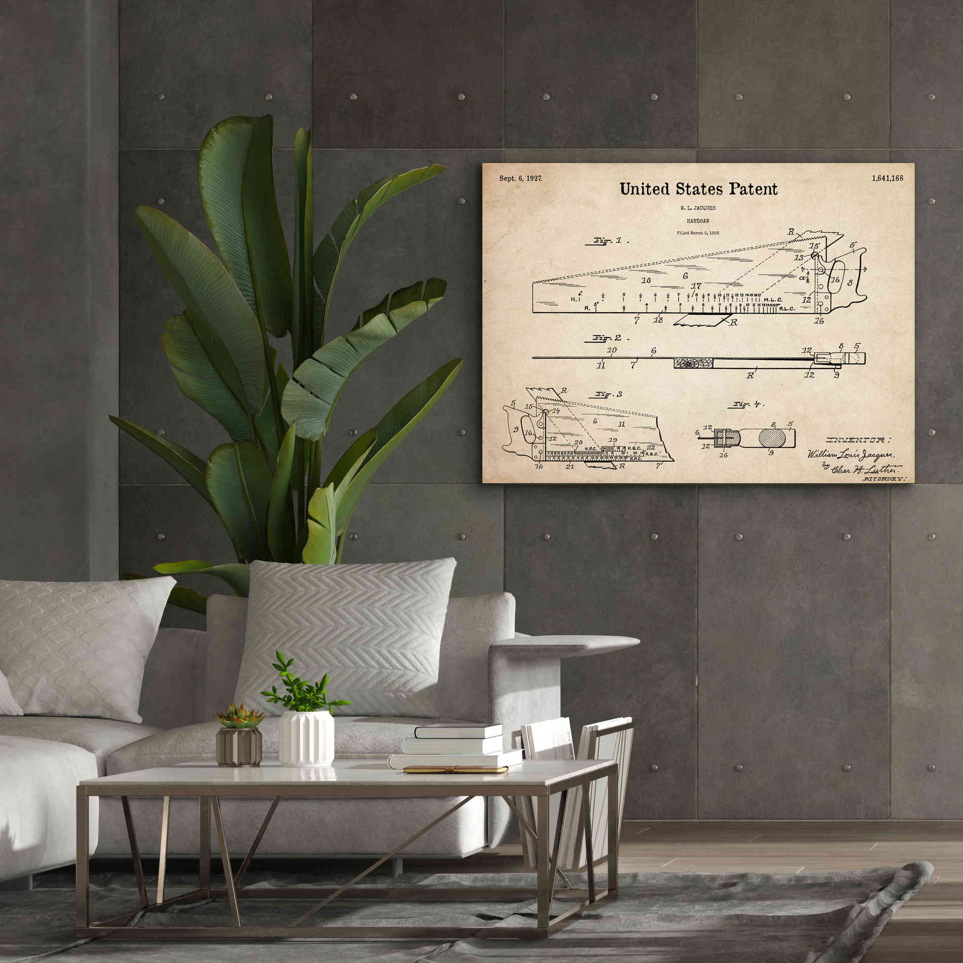 'Handsaw Blueprint Patent Parchment,' Canvas Wall Art,54 x 40