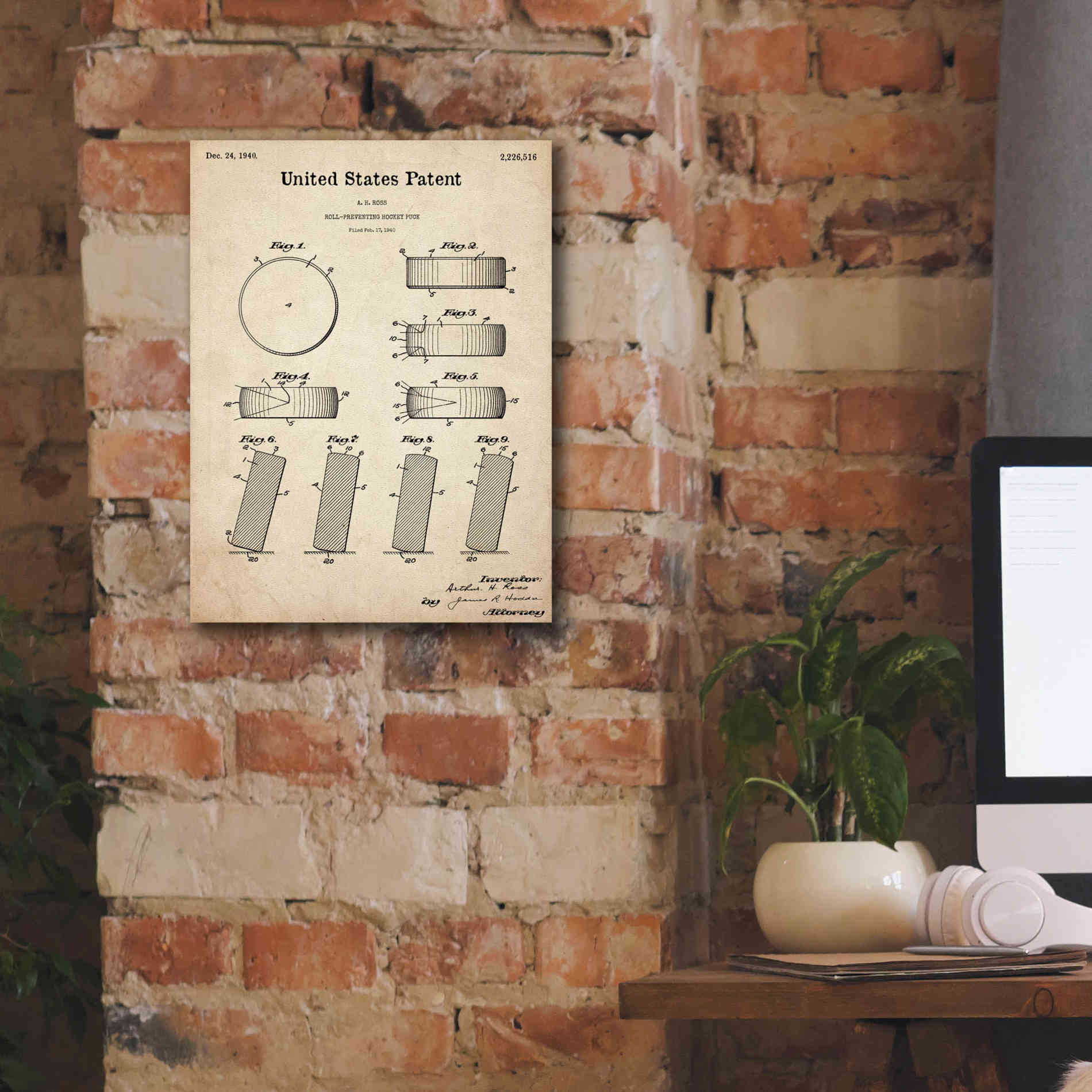 'Hockey Puck Blueprint Patent Parchment,' Canvas Wall Art,12 x 16