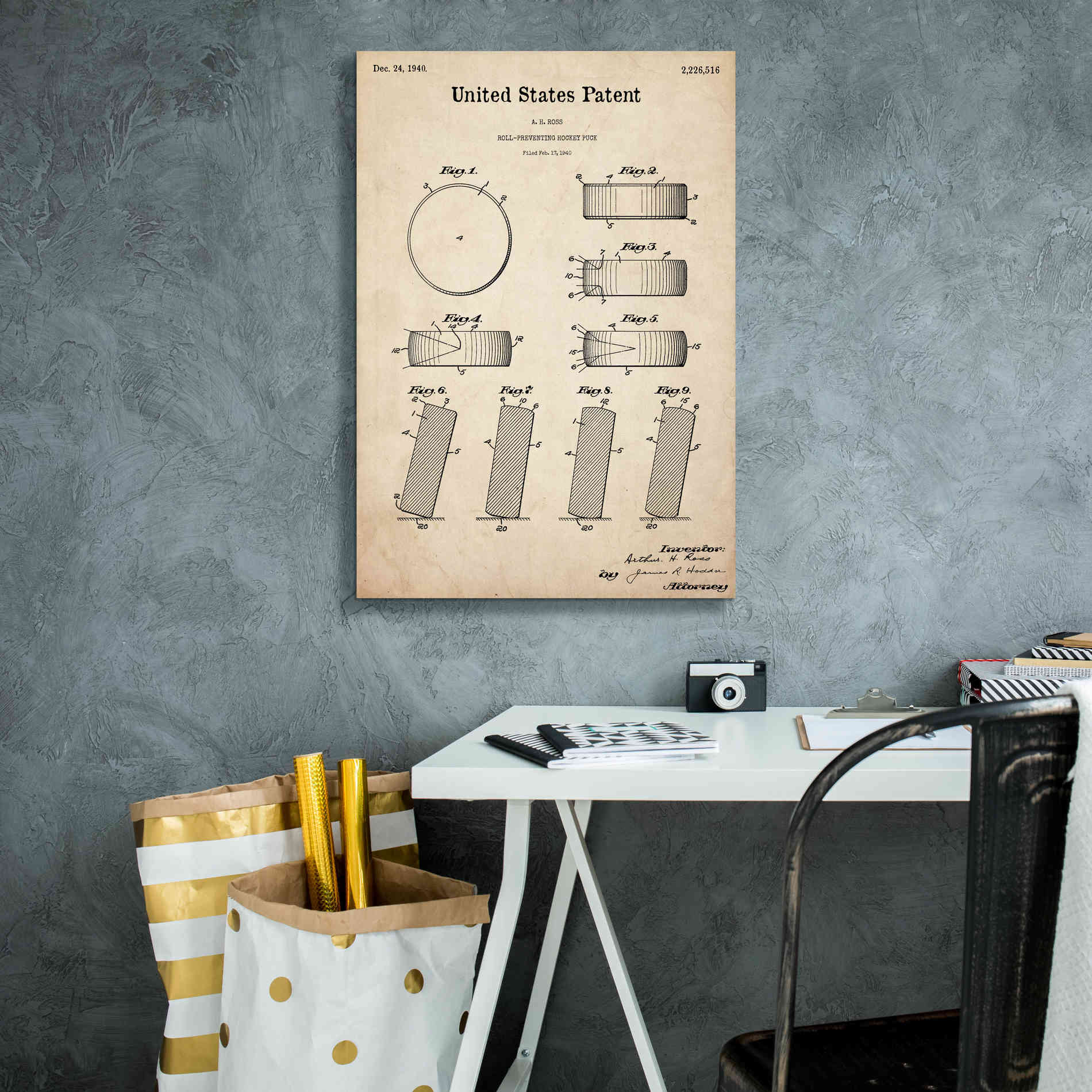 'Hockey Puck Blueprint Patent Parchment,' Canvas Wall Art,18 x 26