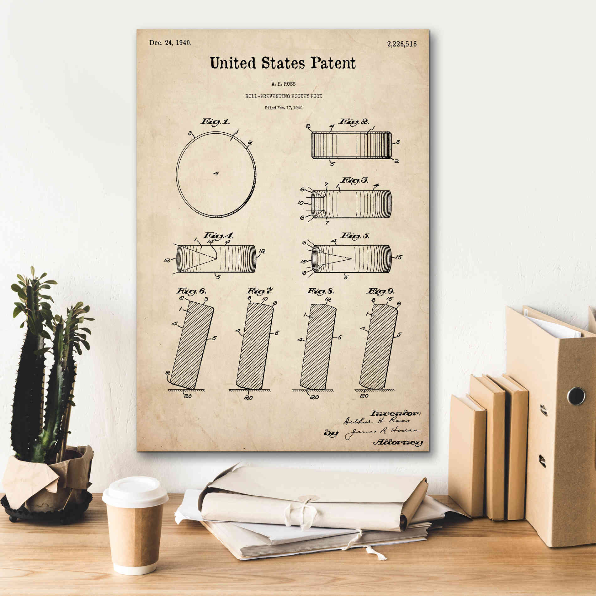 'Hockey Puck Blueprint Patent Parchment,' Canvas Wall Art,18 x 26