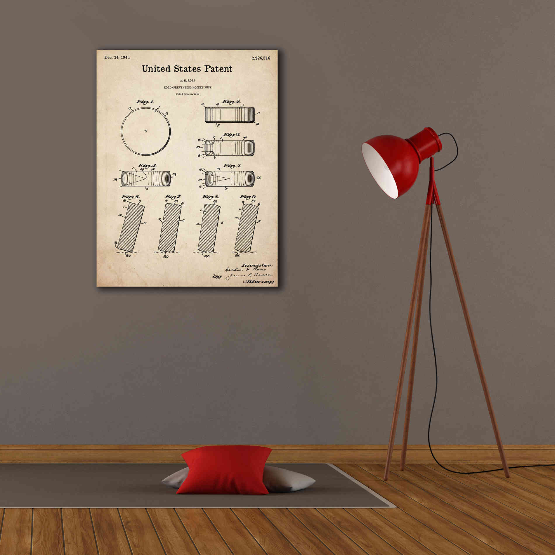 'Hockey Puck Blueprint Patent Parchment,' Canvas Wall Art,26 x 34