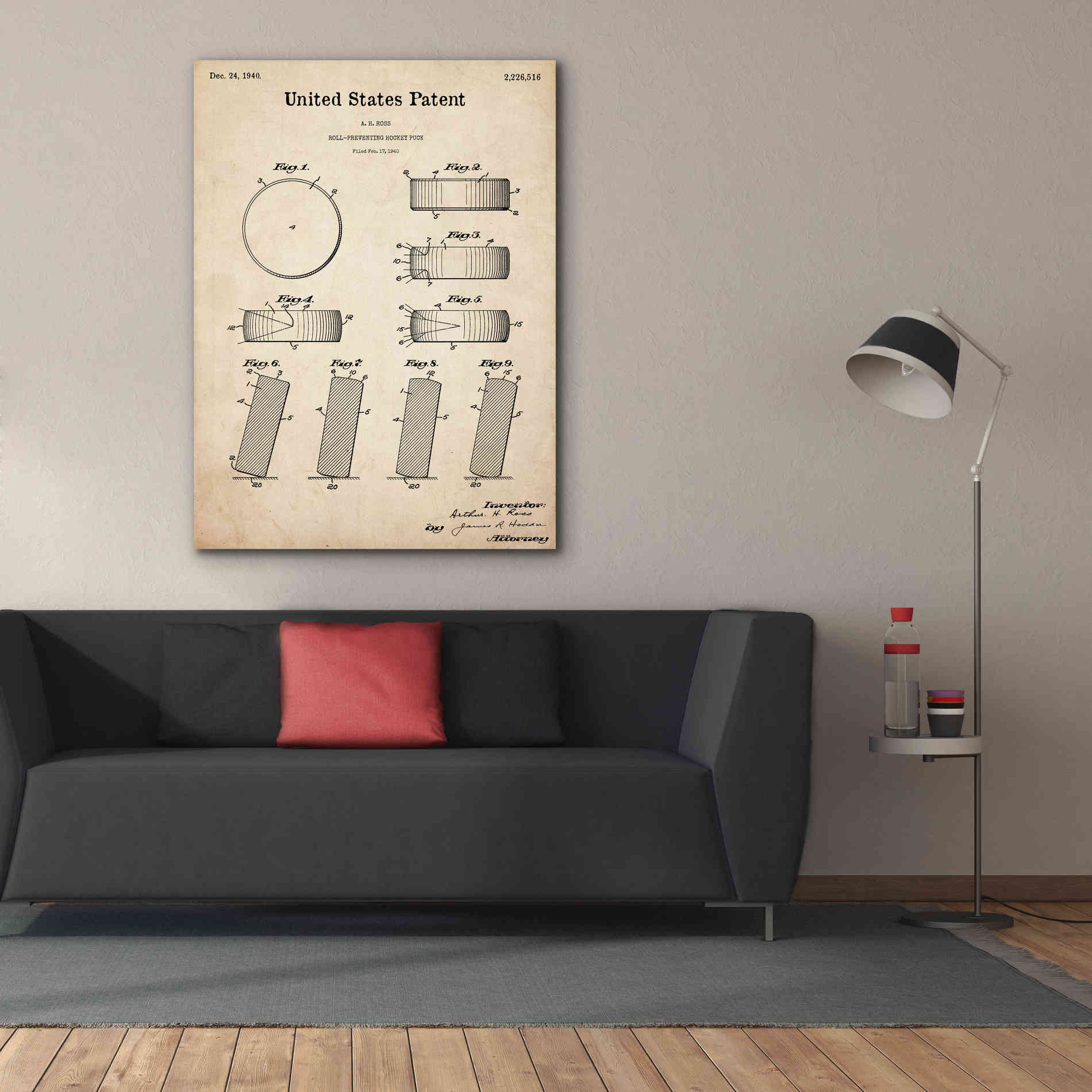 'Hockey Puck Blueprint Patent Parchment,' Canvas Wall Art,40 x 54