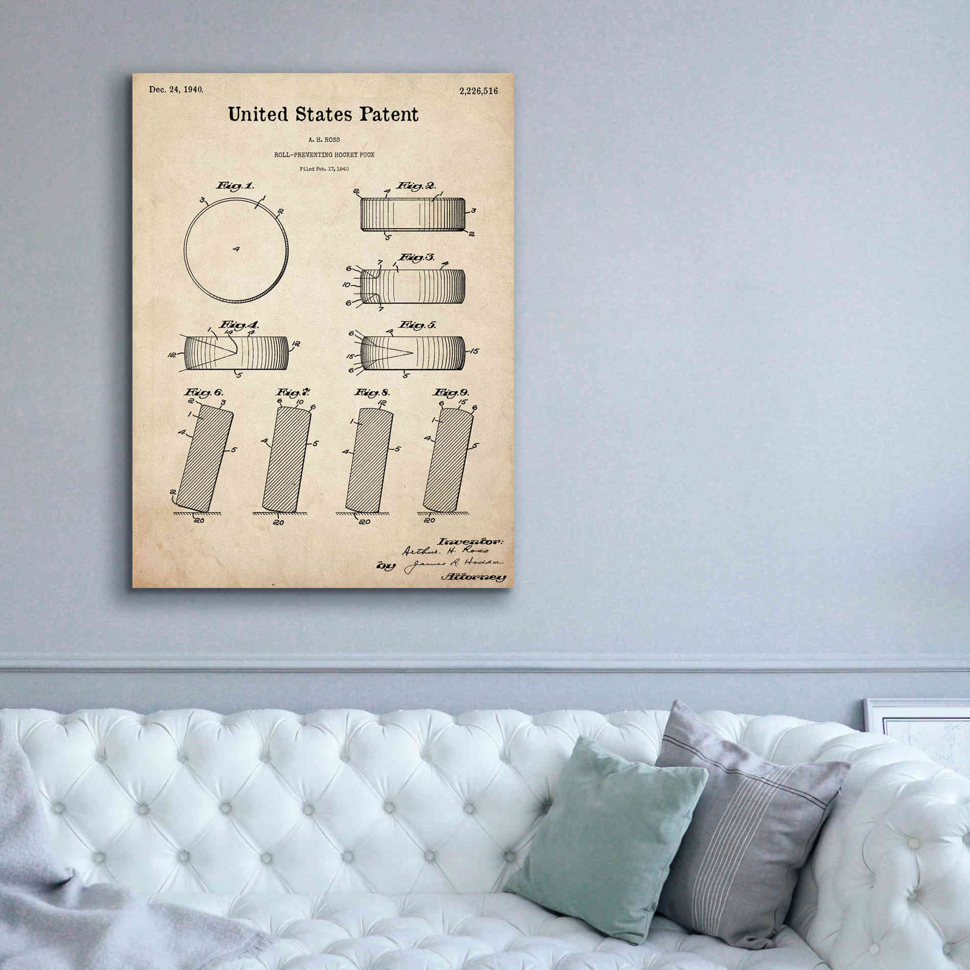 'Hockey Puck Blueprint Patent Parchment,' Canvas Wall Art,40 x 54