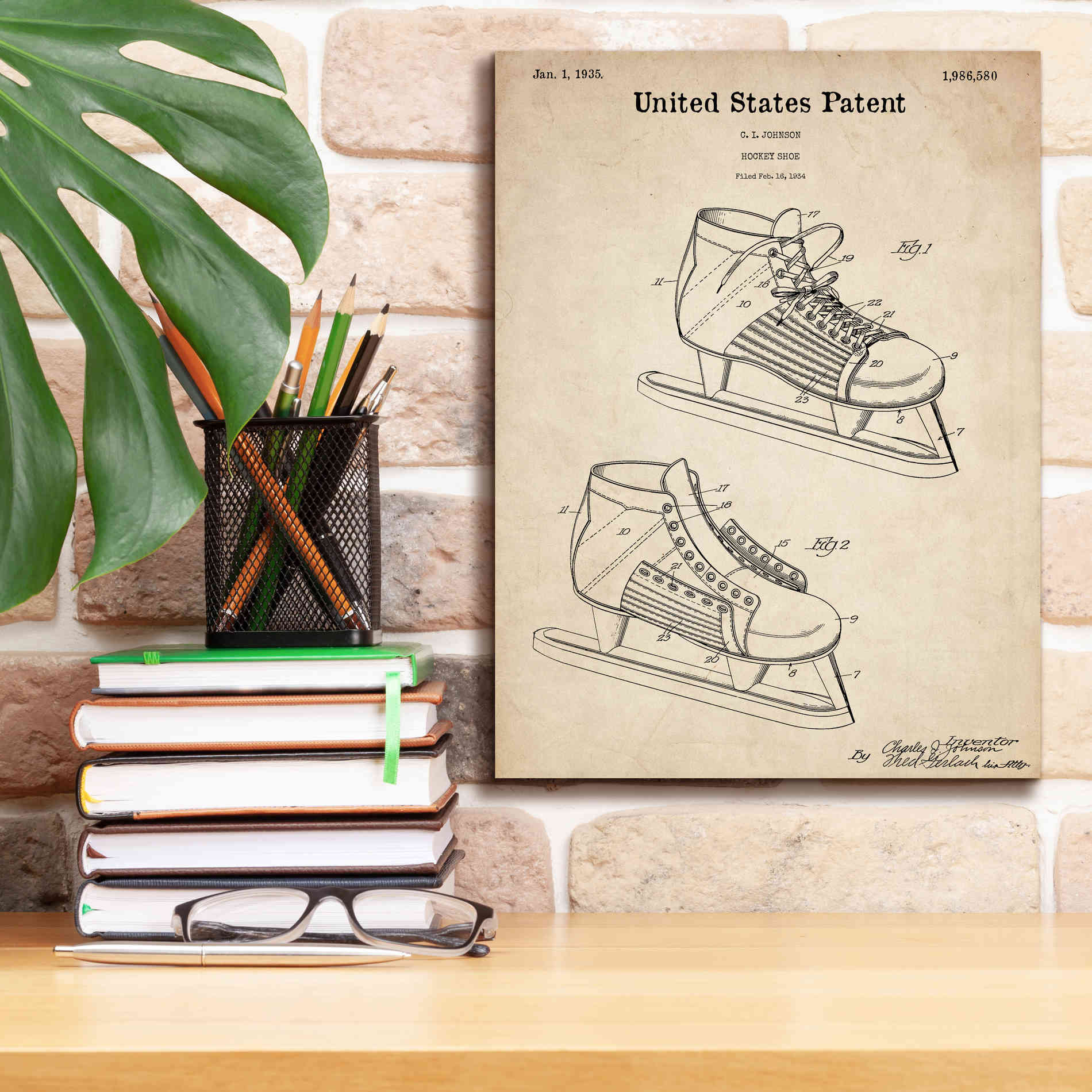 'Hockey Shoe, 1935 Blueprint Patent Parchment,' Canvas Wall Art,12 x 16