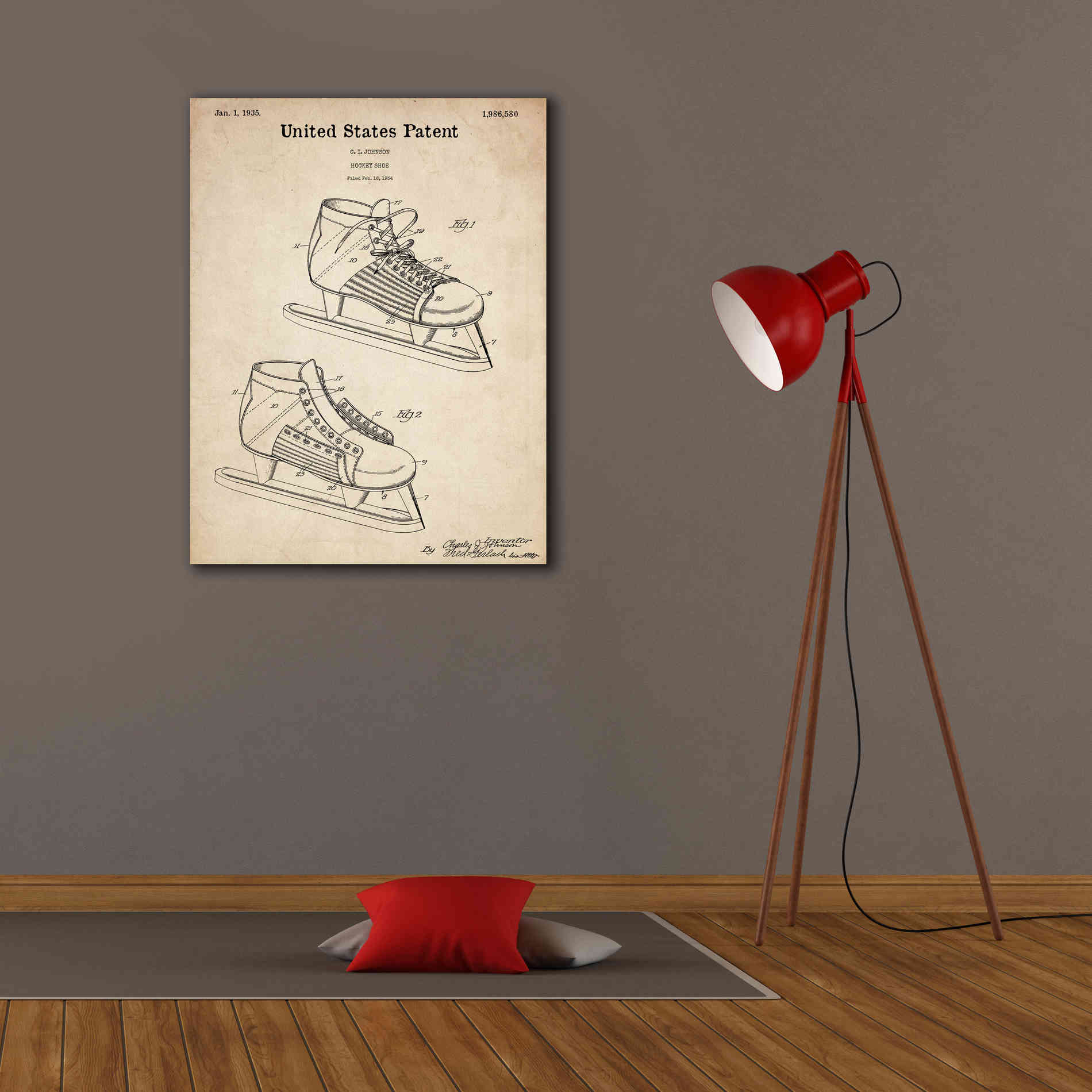 'Hockey Shoe, 1935 Blueprint Patent Parchment,' Canvas Wall Art,26 x 34