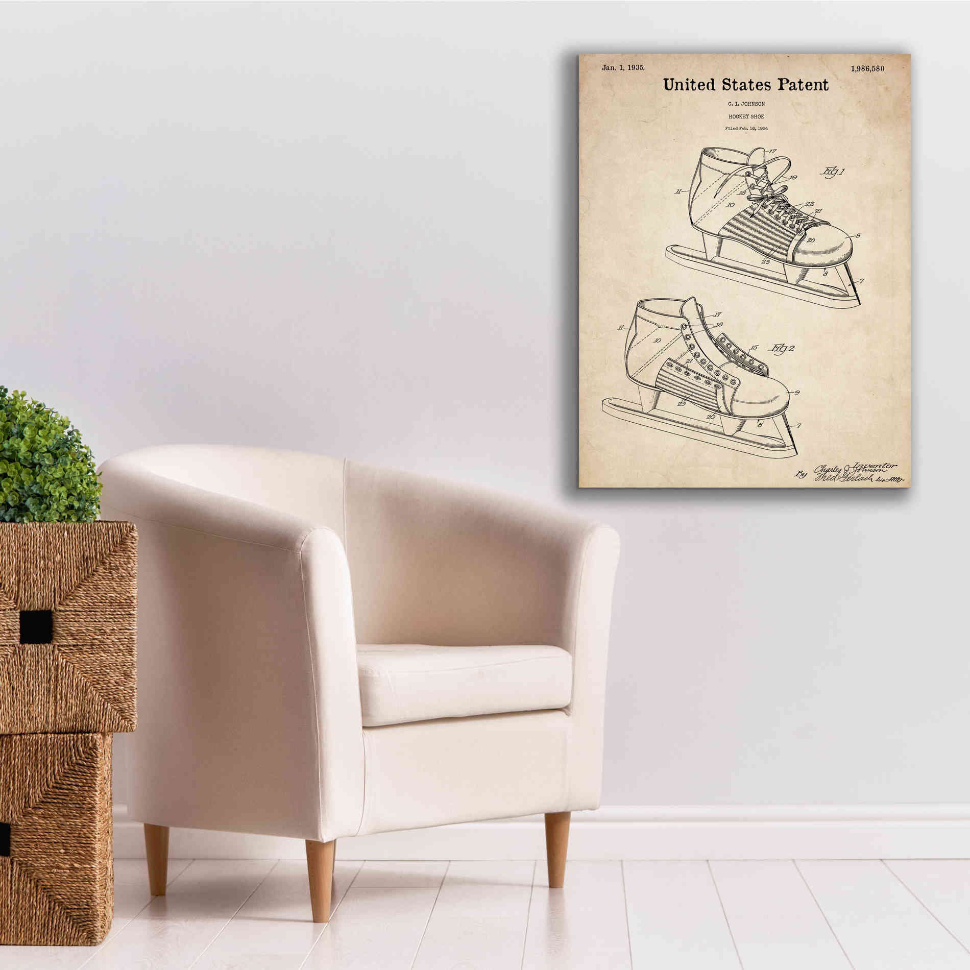'Hockey Shoe, 1935 Blueprint Patent Parchment,' Canvas Wall Art,26 x 34