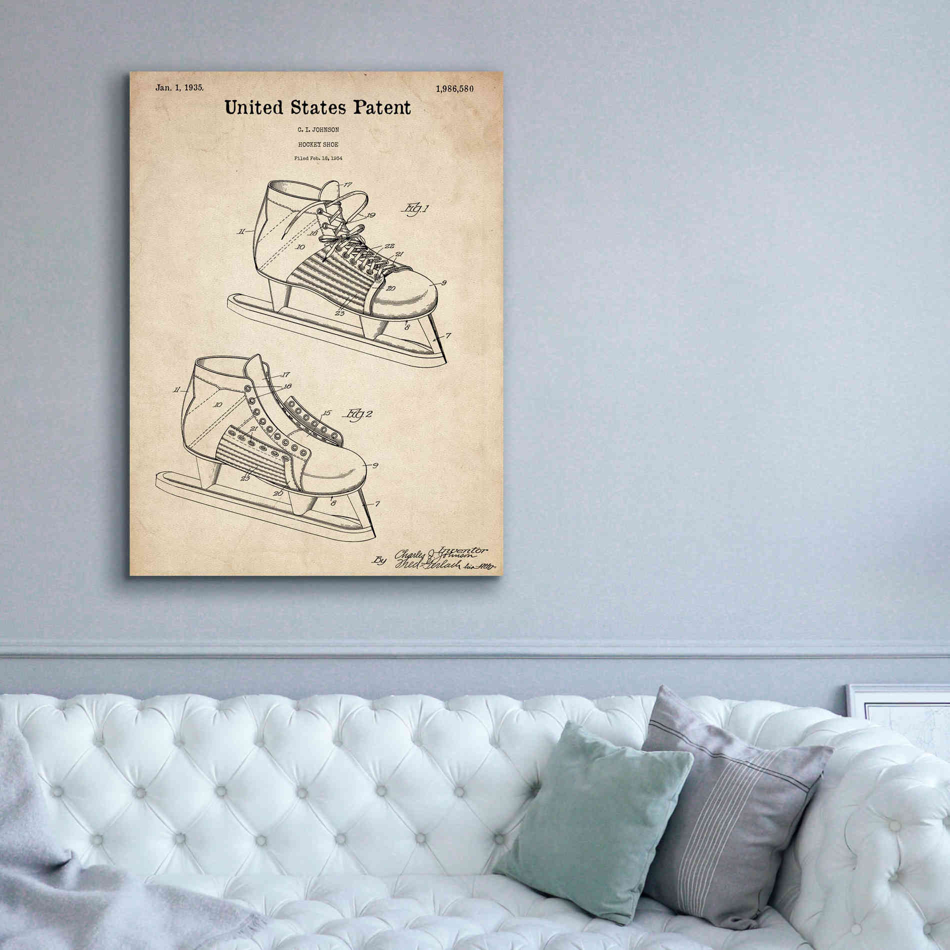 'Hockey Shoe, 1935 Blueprint Patent Parchment,' Canvas Wall Art,40 x 54